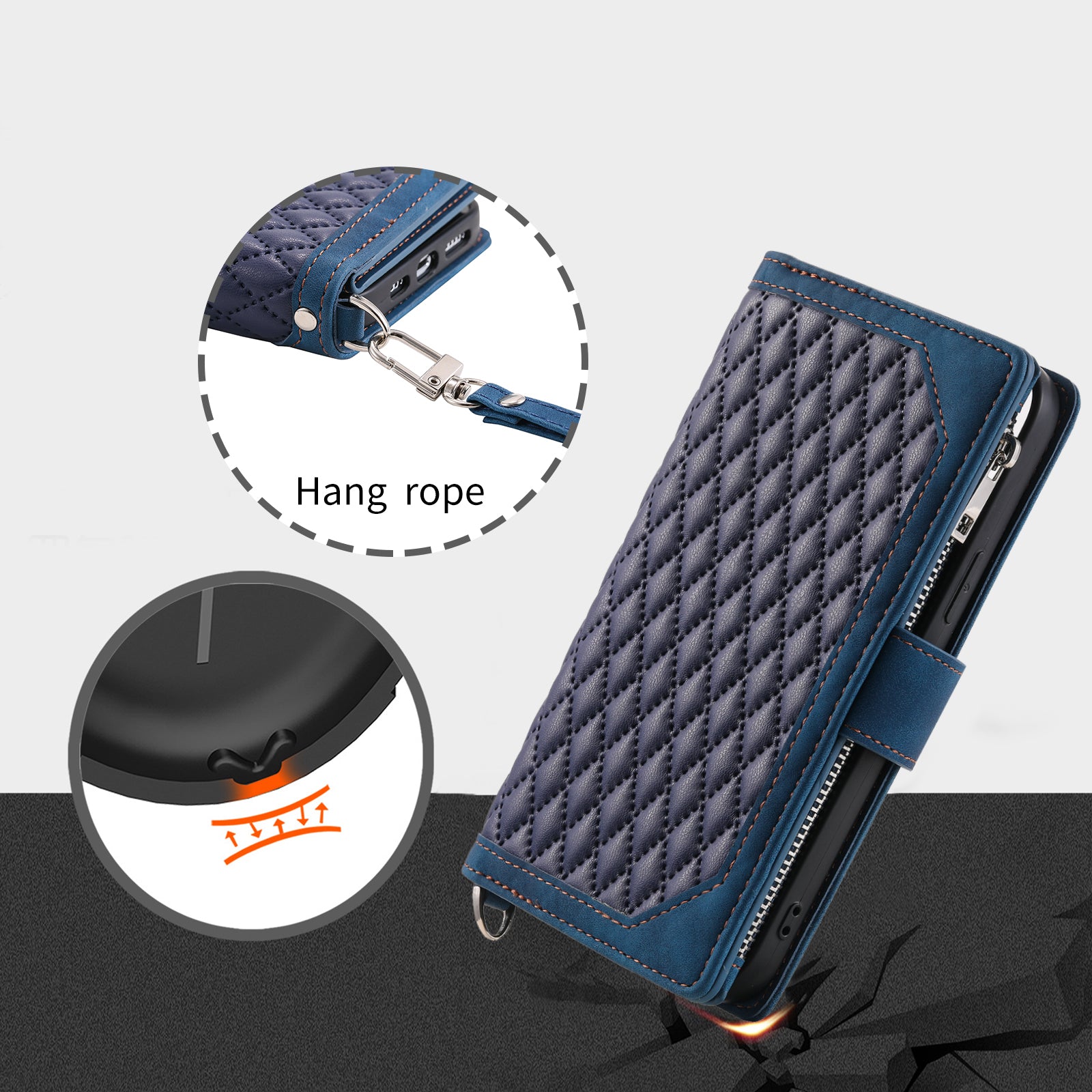 Zippered Wallet Phone Cover for iPhone 15 Pro PU Leather Flip Cover Rhombus Texture Anti-Drop Phone Case with Strap - Blue