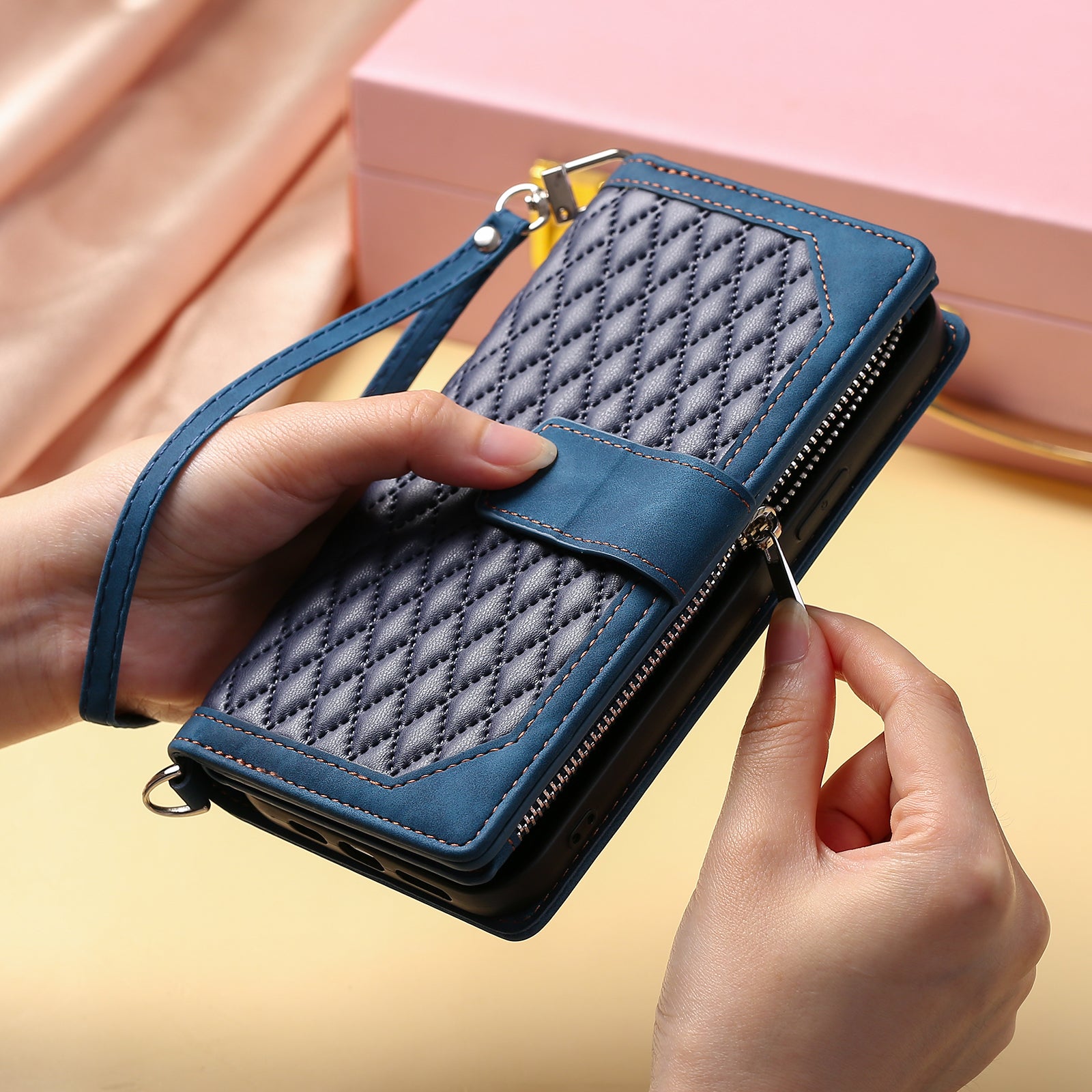 Zippered Wallet Phone Cover for iPhone 15 Pro PU Leather Flip Cover Rhombus Texture Anti-Drop Phone Case with Strap - Blue