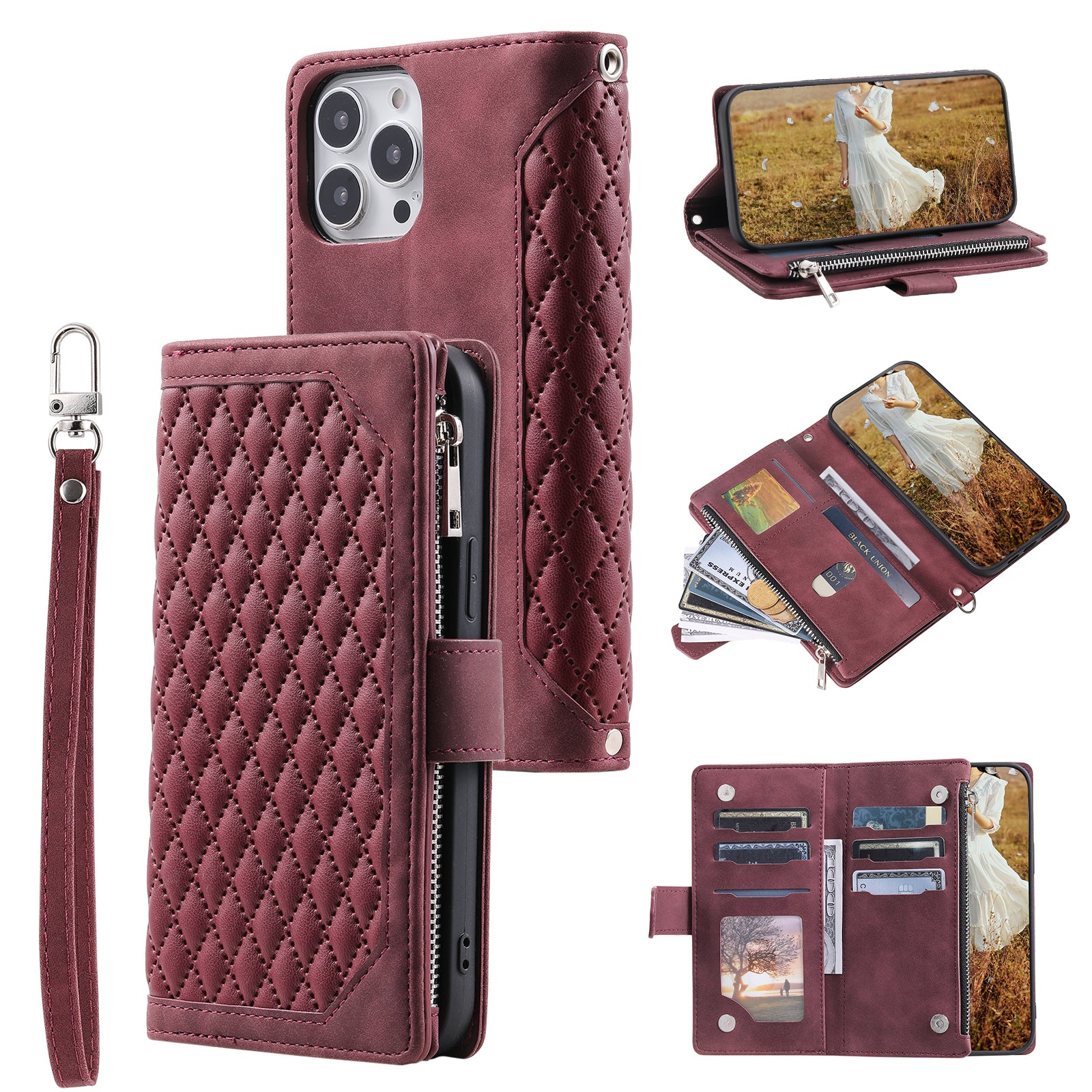 Zippered Wallet Phone Cover for iPhone 15 Pro PU Leather Flip Cover Rhombus Texture Anti-Drop Phone Case with Strap - Wine Red