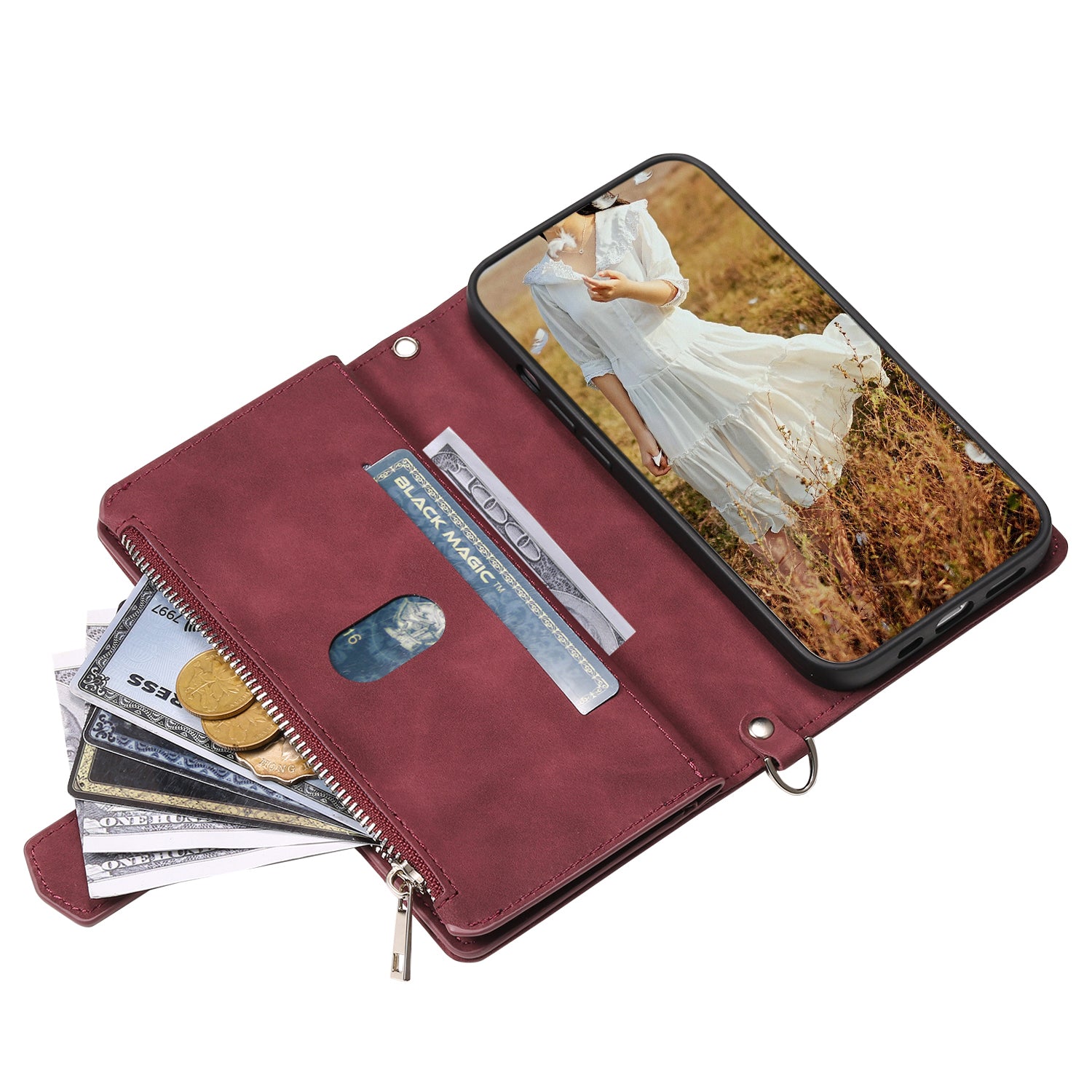 Zippered Wallet Phone Cover for iPhone 15 Pro PU Leather Flip Cover Rhombus Texture Anti-Drop Phone Case with Strap - Wine Red