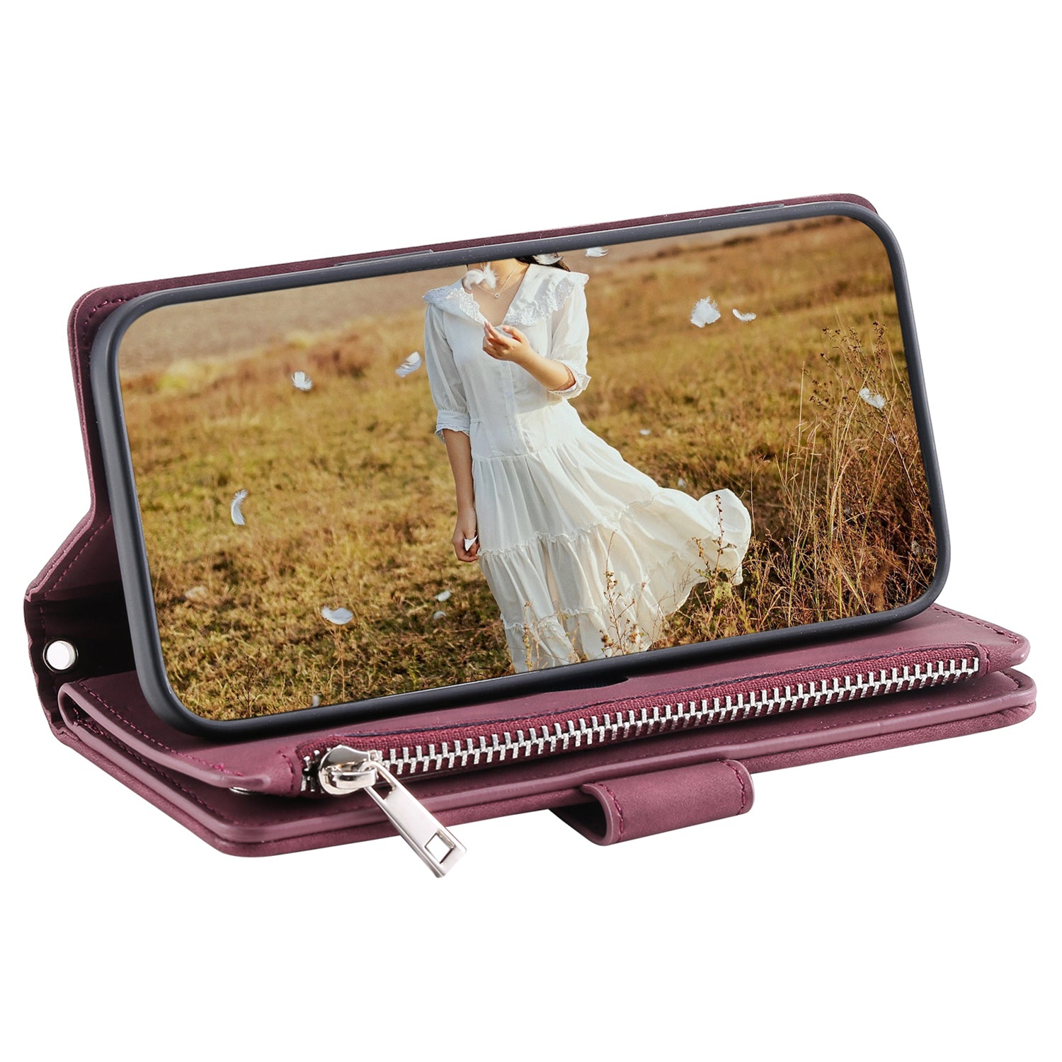 Zippered Wallet Phone Cover for iPhone 15 Pro PU Leather Flip Cover Rhombus Texture Anti-Drop Phone Case with Strap - Wine Red