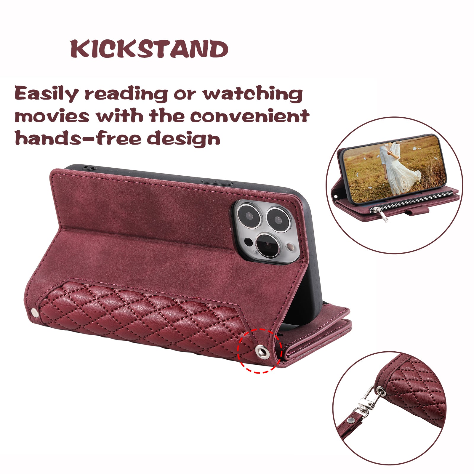 Zippered Wallet Phone Cover for iPhone 15 Pro PU Leather Flip Cover Rhombus Texture Anti-Drop Phone Case with Strap - Wine Red