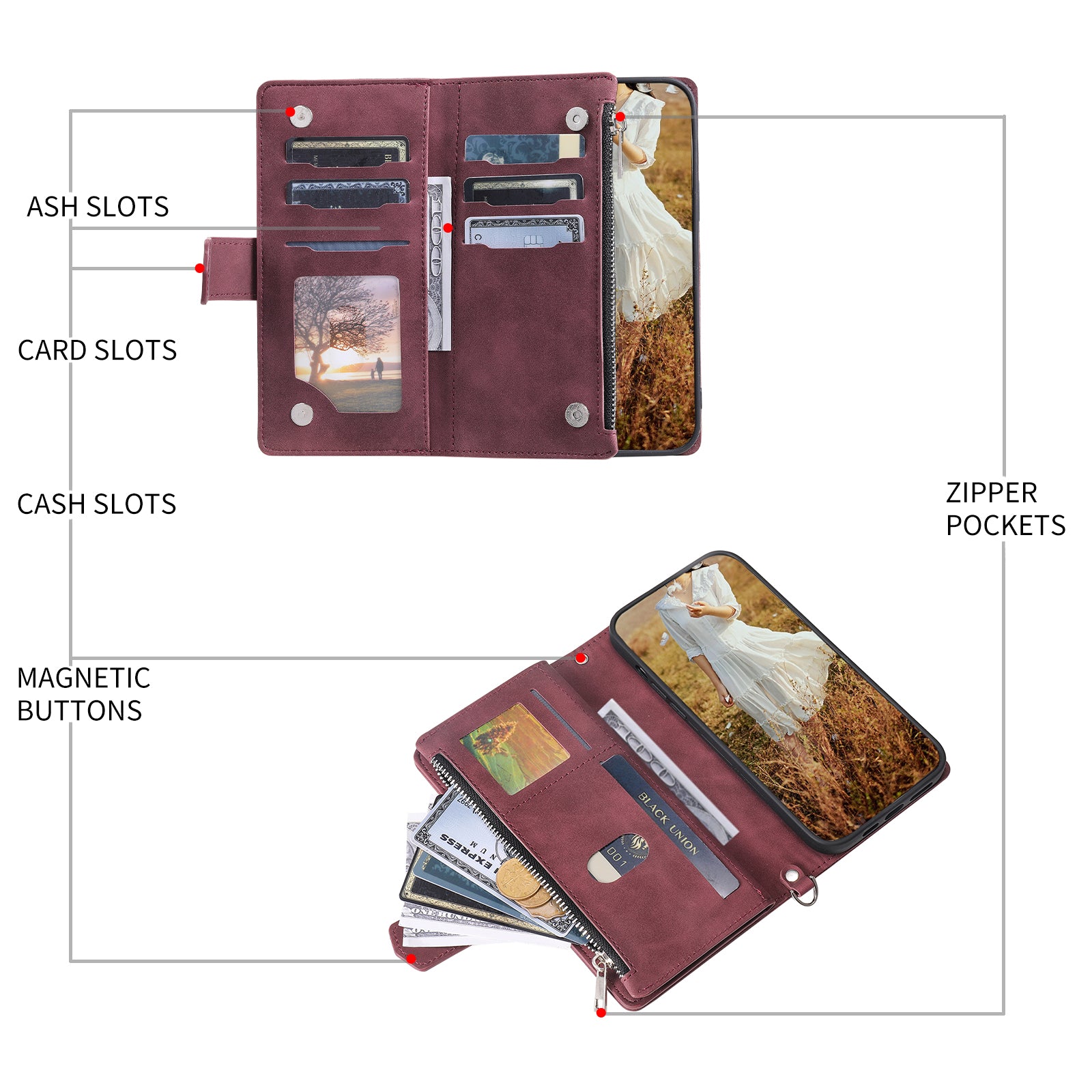 Zippered Wallet Phone Cover for iPhone 15 Pro PU Leather Flip Cover Rhombus Texture Anti-Drop Phone Case with Strap - Wine Red