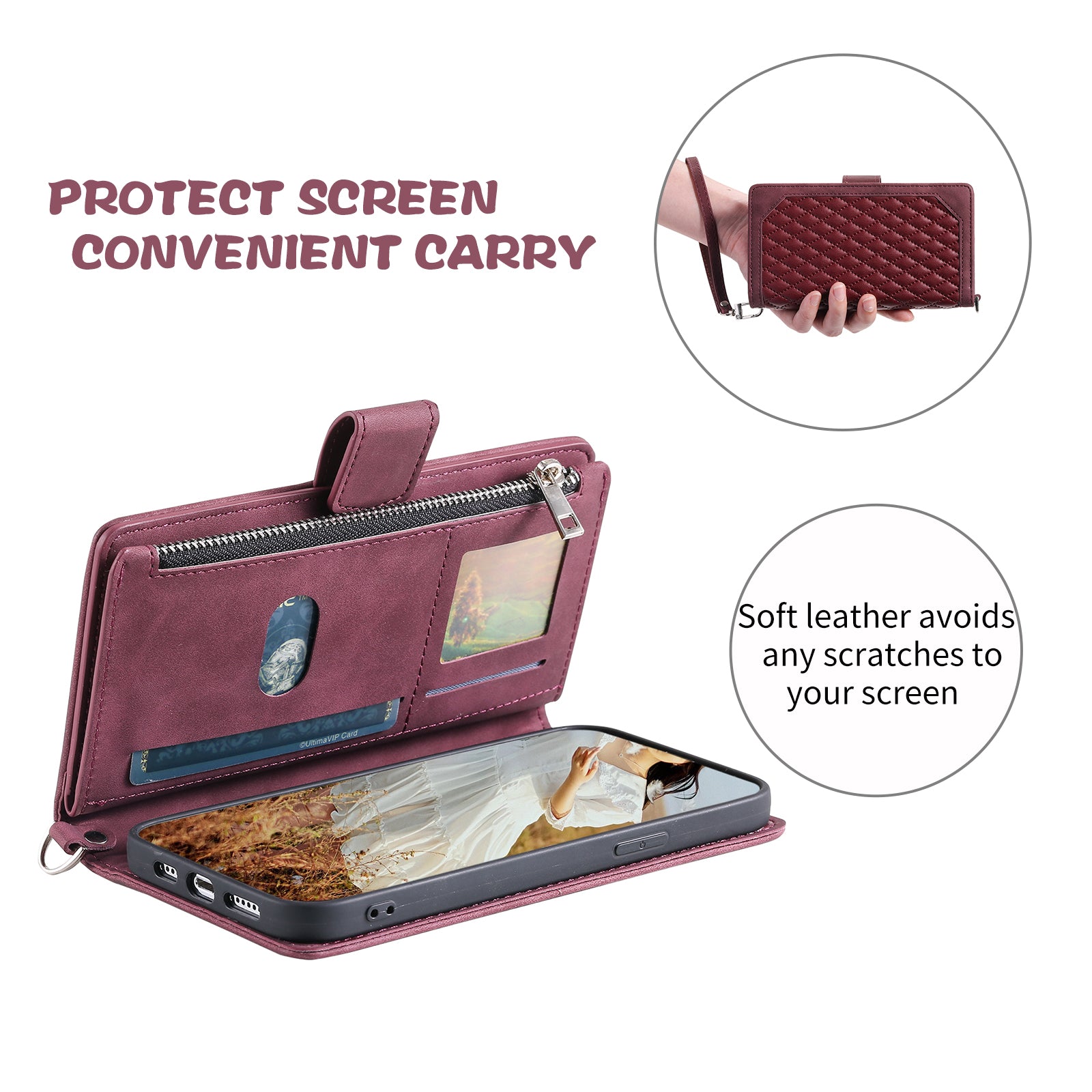 Zippered Wallet Phone Cover for iPhone 15 Pro PU Leather Flip Cover Rhombus Texture Anti-Drop Phone Case with Strap - Wine Red