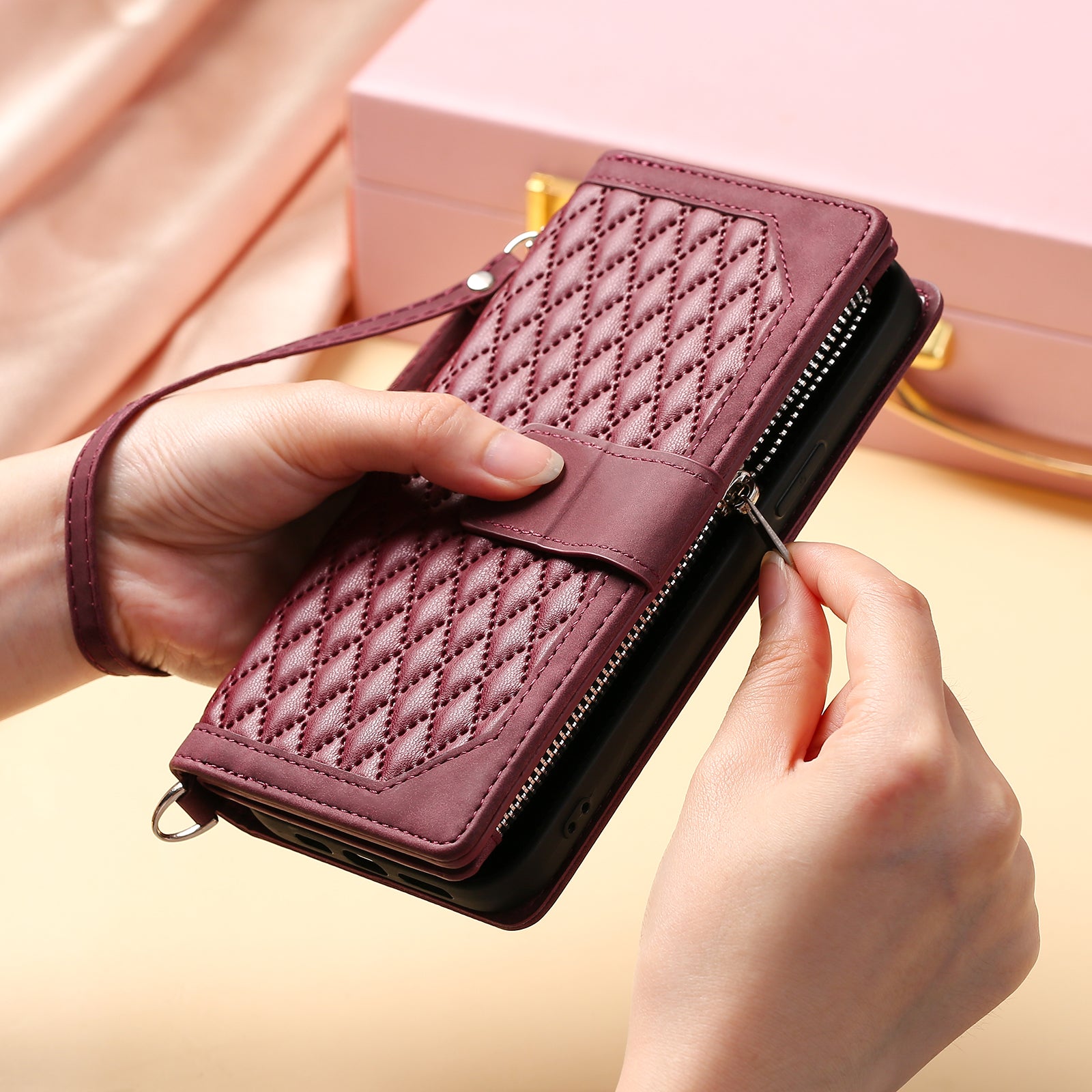 Zippered Wallet Phone Cover for iPhone 15 Pro PU Leather Flip Cover Rhombus Texture Anti-Drop Phone Case with Strap - Wine Red