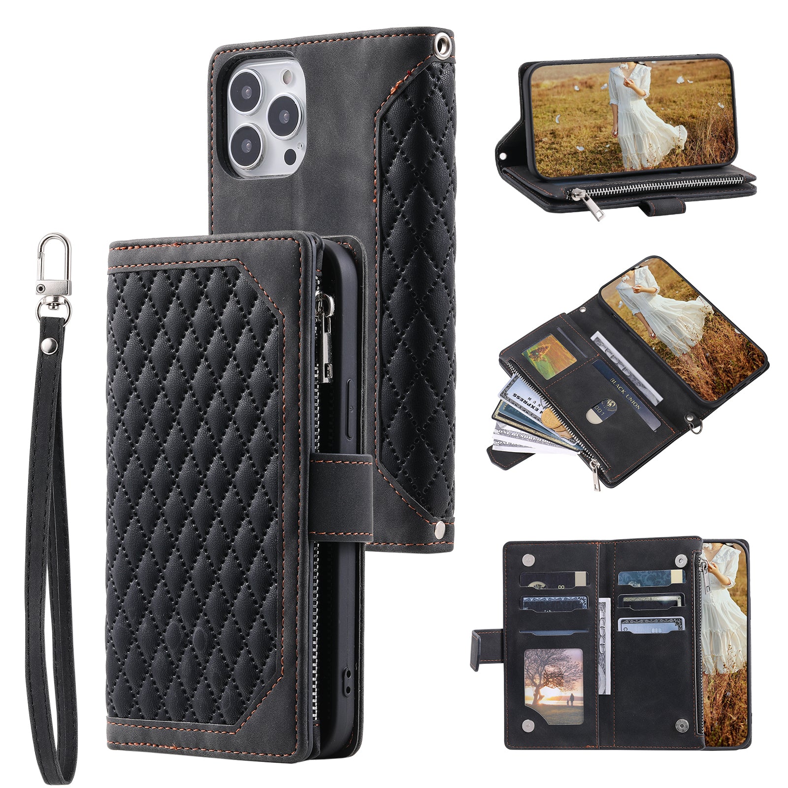 Zippered Wallet Phone Cover for iPhone 15 Pro PU Leather Flip Cover Rhombus Texture Anti-Drop Phone Case with Strap - Black