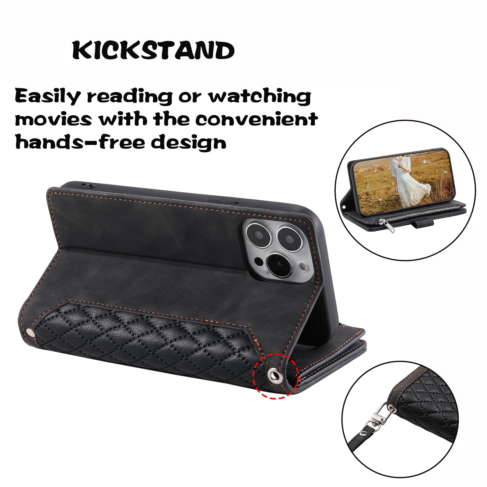 Zippered Wallet Phone Cover for iPhone 15 Pro PU Leather Flip Cover Rhombus Texture Anti-Drop Phone Case with Strap - Black