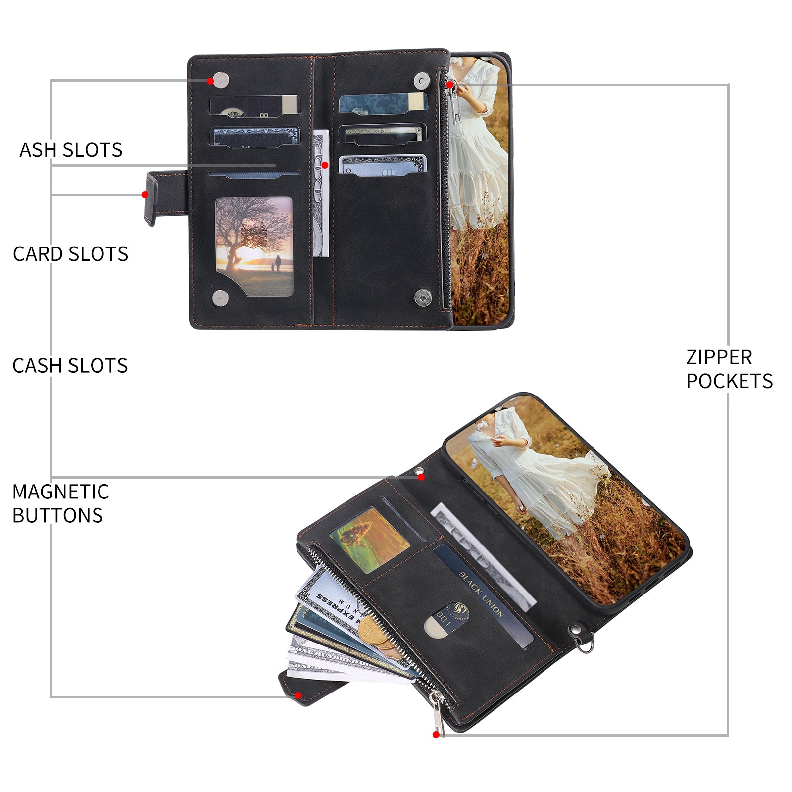 Zippered Wallet Phone Cover for iPhone 15 Pro PU Leather Flip Cover Rhombus Texture Anti-Drop Phone Case with Strap - Black