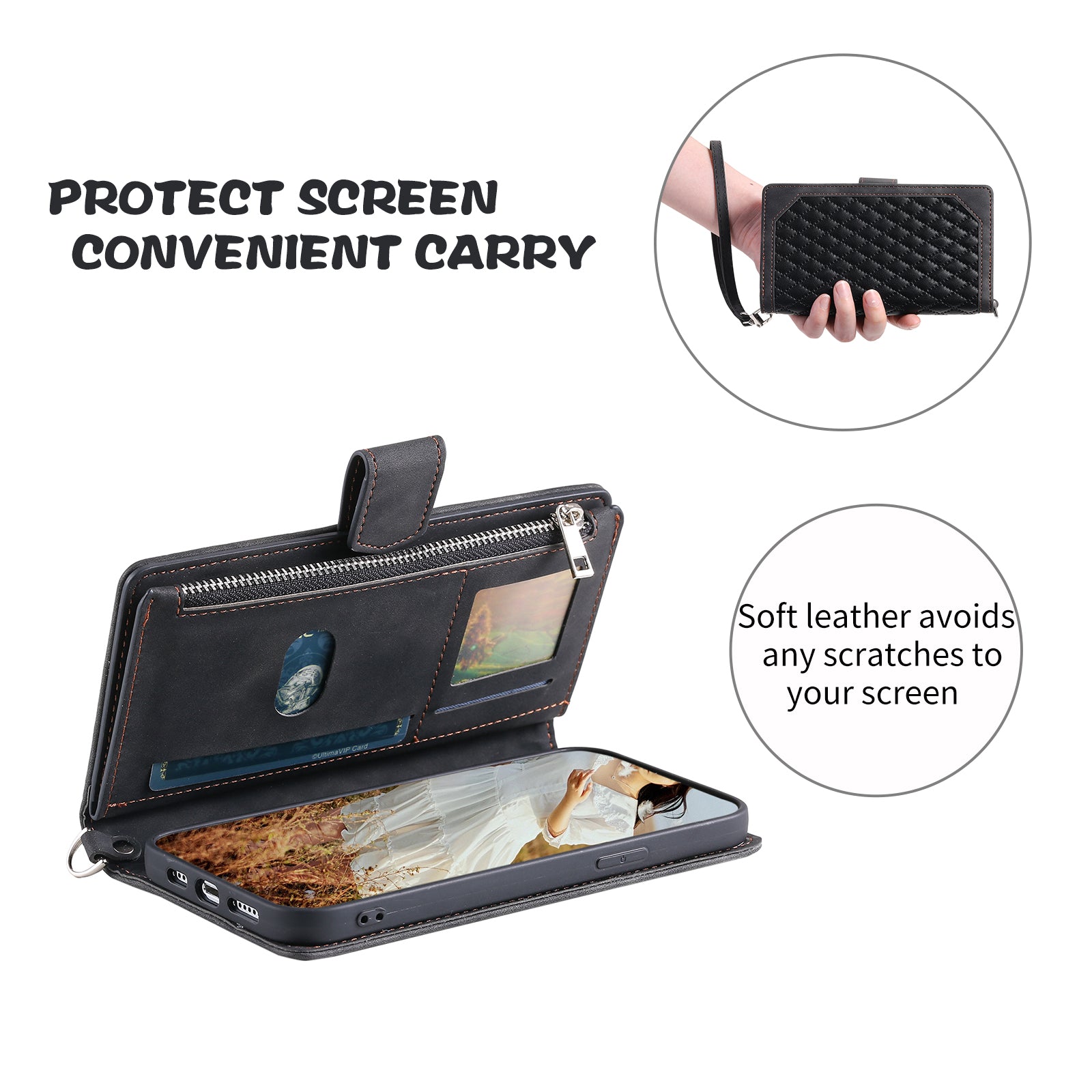Zippered Wallet Phone Cover for iPhone 15 Pro PU Leather Flip Cover Rhombus Texture Anti-Drop Phone Case with Strap - Black