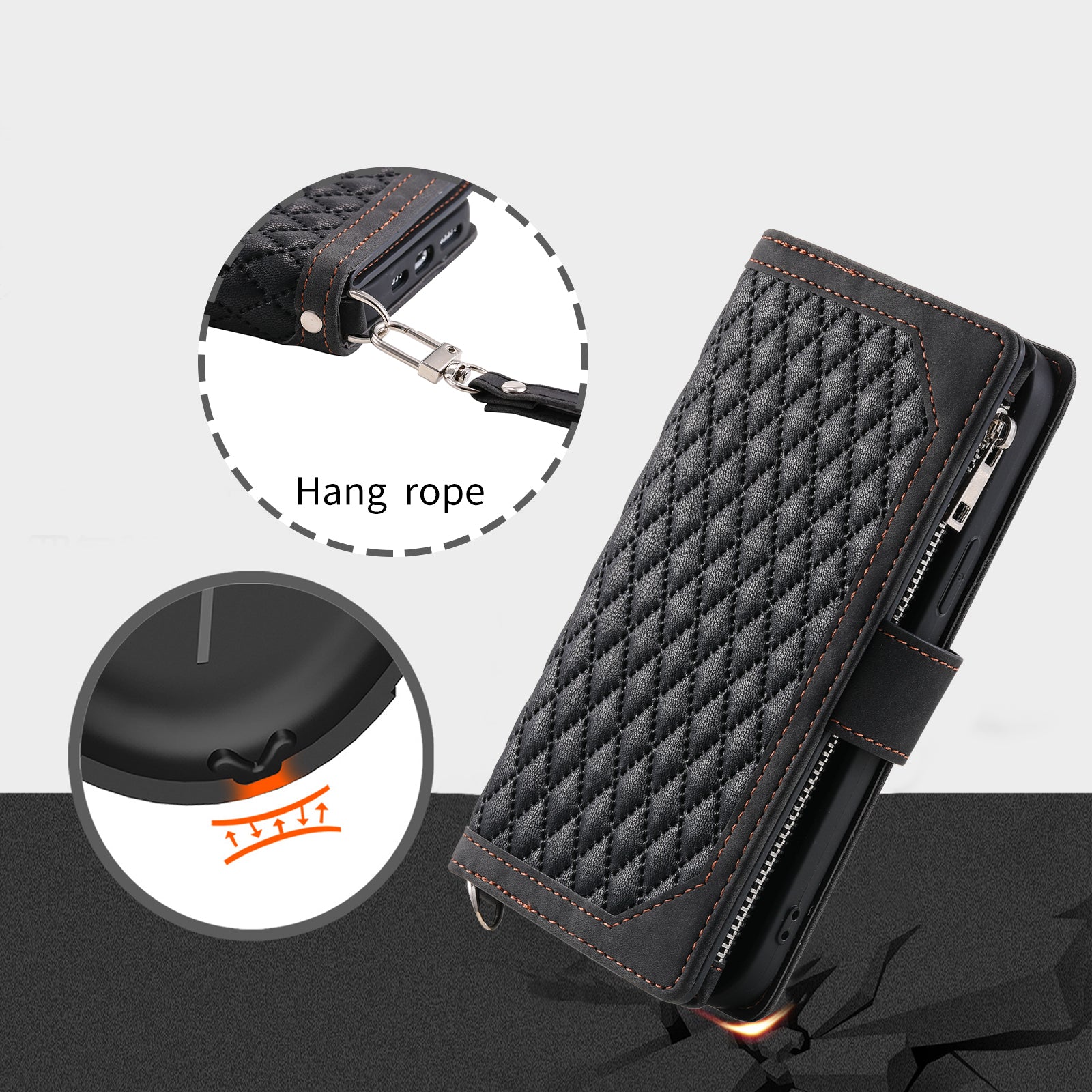 Zippered Wallet Phone Cover for iPhone 15 Pro PU Leather Flip Cover Rhombus Texture Anti-Drop Phone Case with Strap - Black