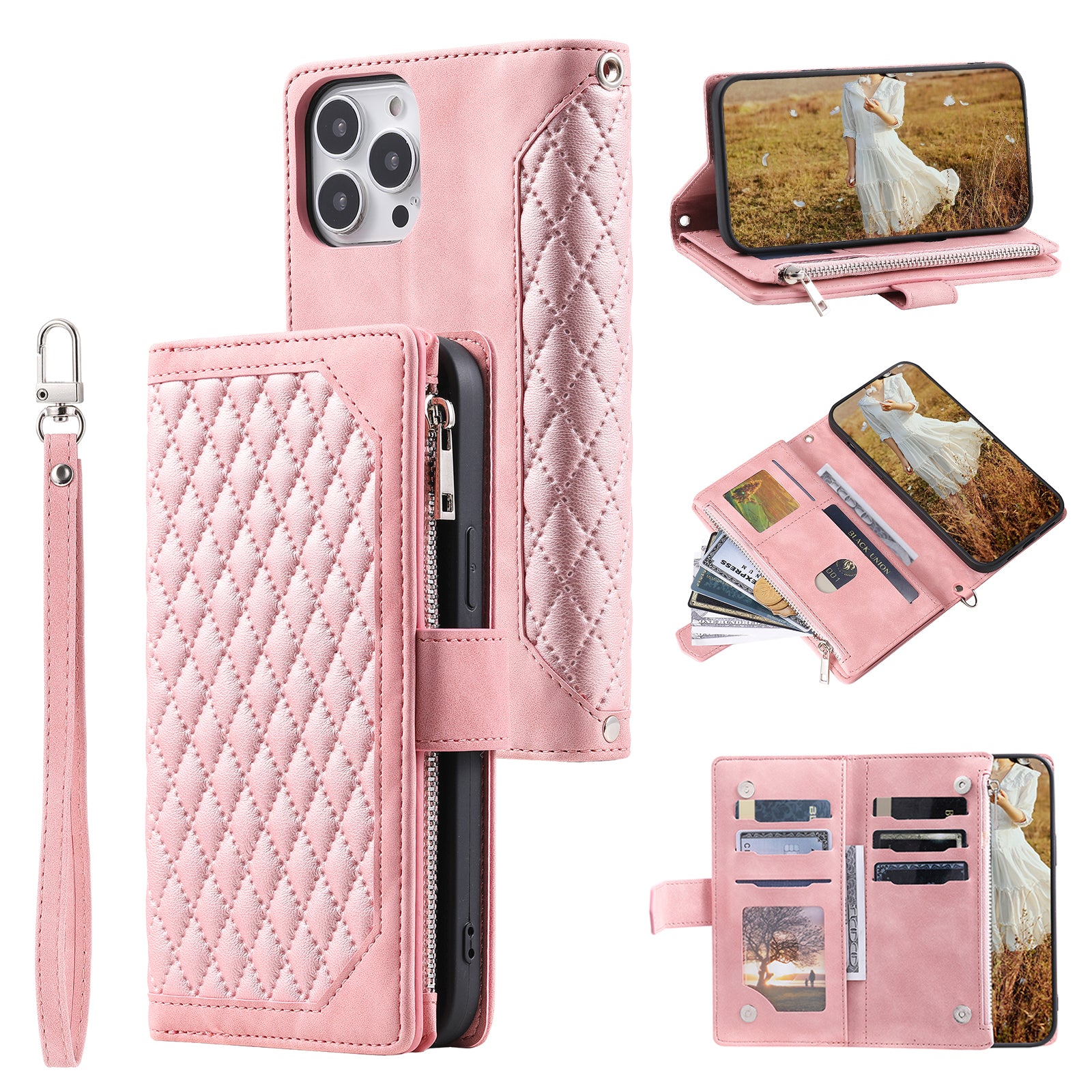 Zippered Wallet Phone Cover for iPhone 15 Pro PU Leather Flip Cover Rhombus Texture Anti-Drop Phone Case with Strap - Rose Gold