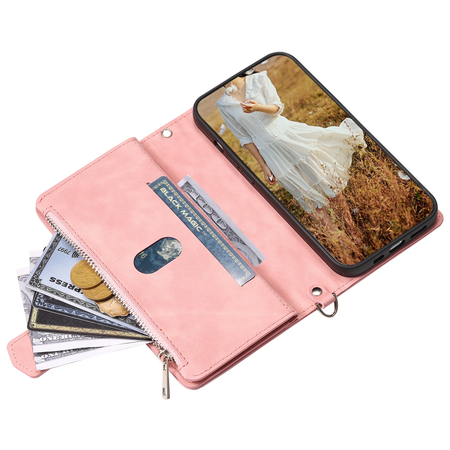 Zippered Wallet Phone Cover for iPhone 15 Pro PU Leather Flip Cover Rhombus Texture Anti-Drop Phone Case with Strap - Rose Gold
