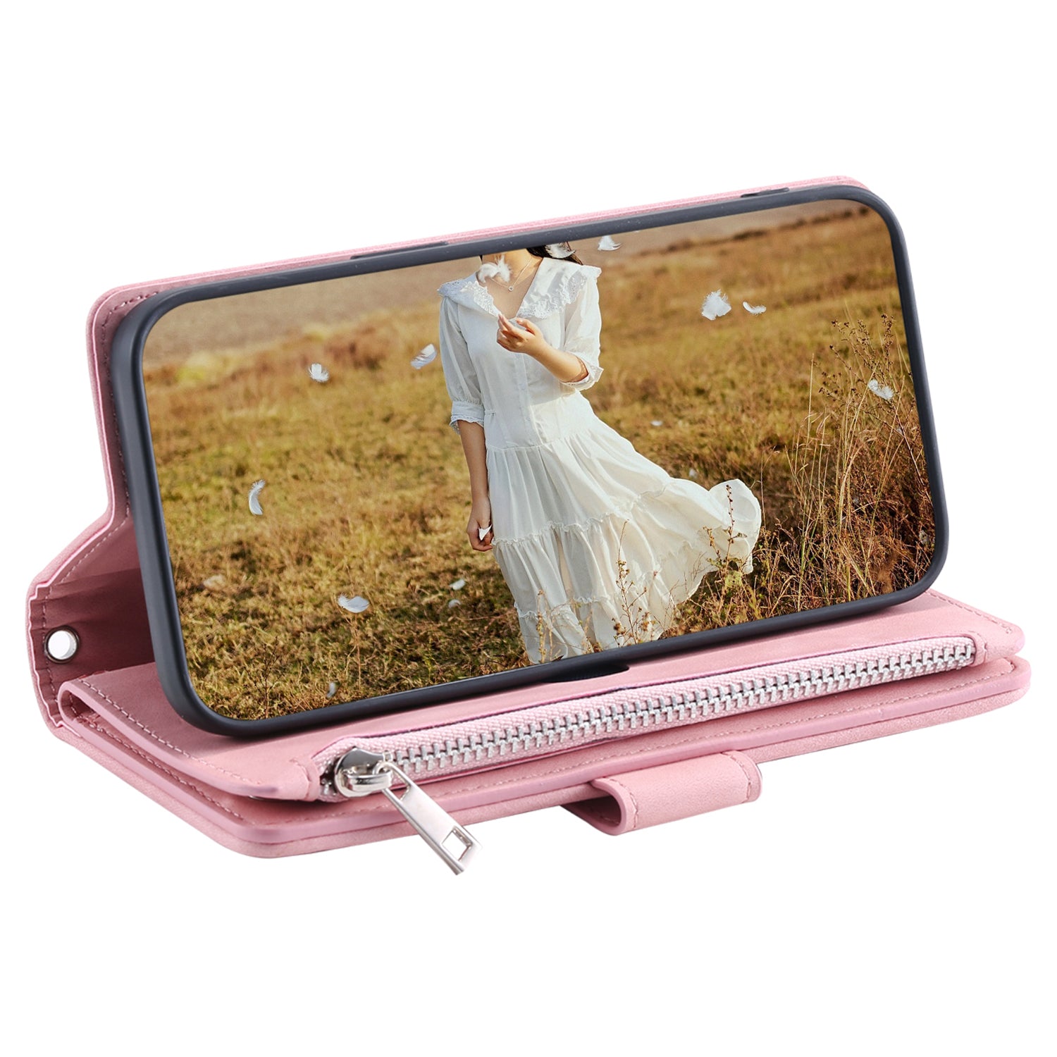 Zippered Wallet Phone Cover for iPhone 15 Pro PU Leather Flip Cover Rhombus Texture Anti-Drop Phone Case with Strap - Rose Gold