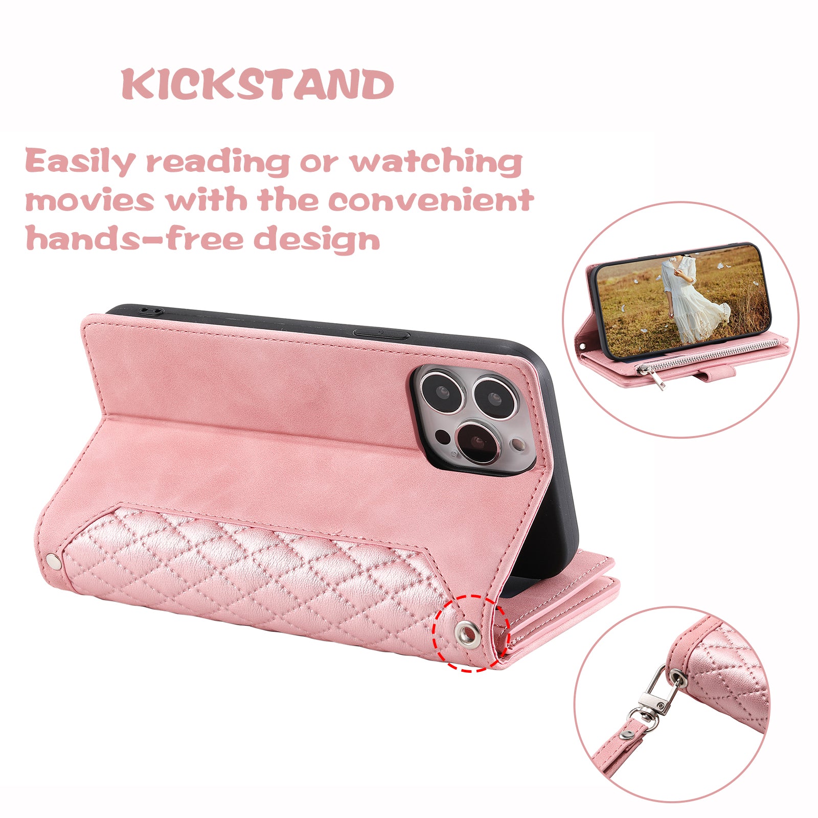 Zippered Wallet Phone Cover for iPhone 15 Pro PU Leather Flip Cover Rhombus Texture Anti-Drop Phone Case with Strap - Rose Gold