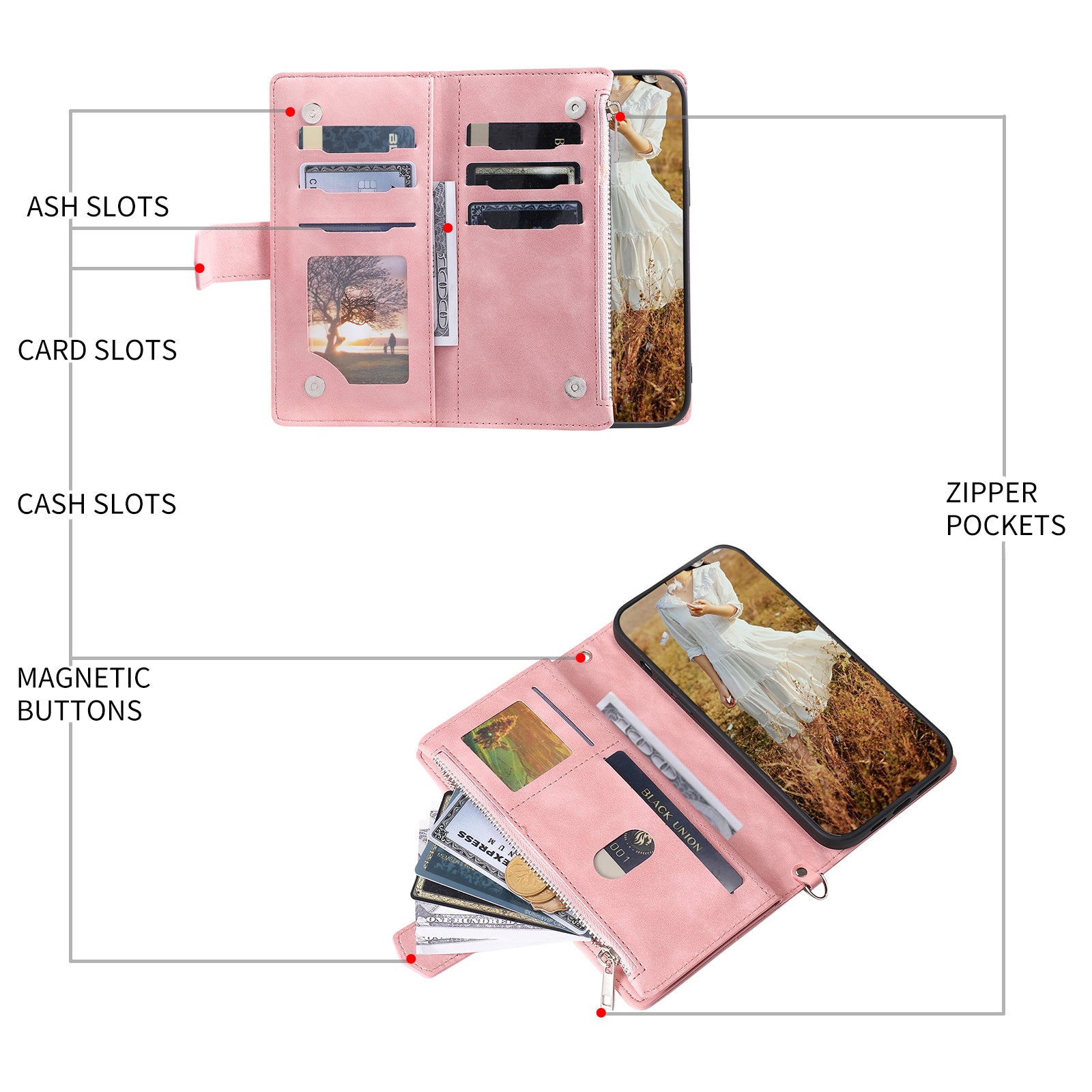Zippered Wallet Phone Cover for iPhone 15 Pro PU Leather Flip Cover Rhombus Texture Anti-Drop Phone Case with Strap - Rose Gold