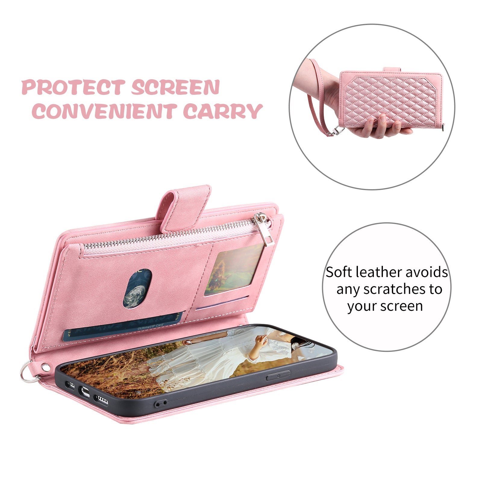 Zippered Wallet Phone Cover for iPhone 15 Pro PU Leather Flip Cover Rhombus Texture Anti-Drop Phone Case with Strap - Rose Gold