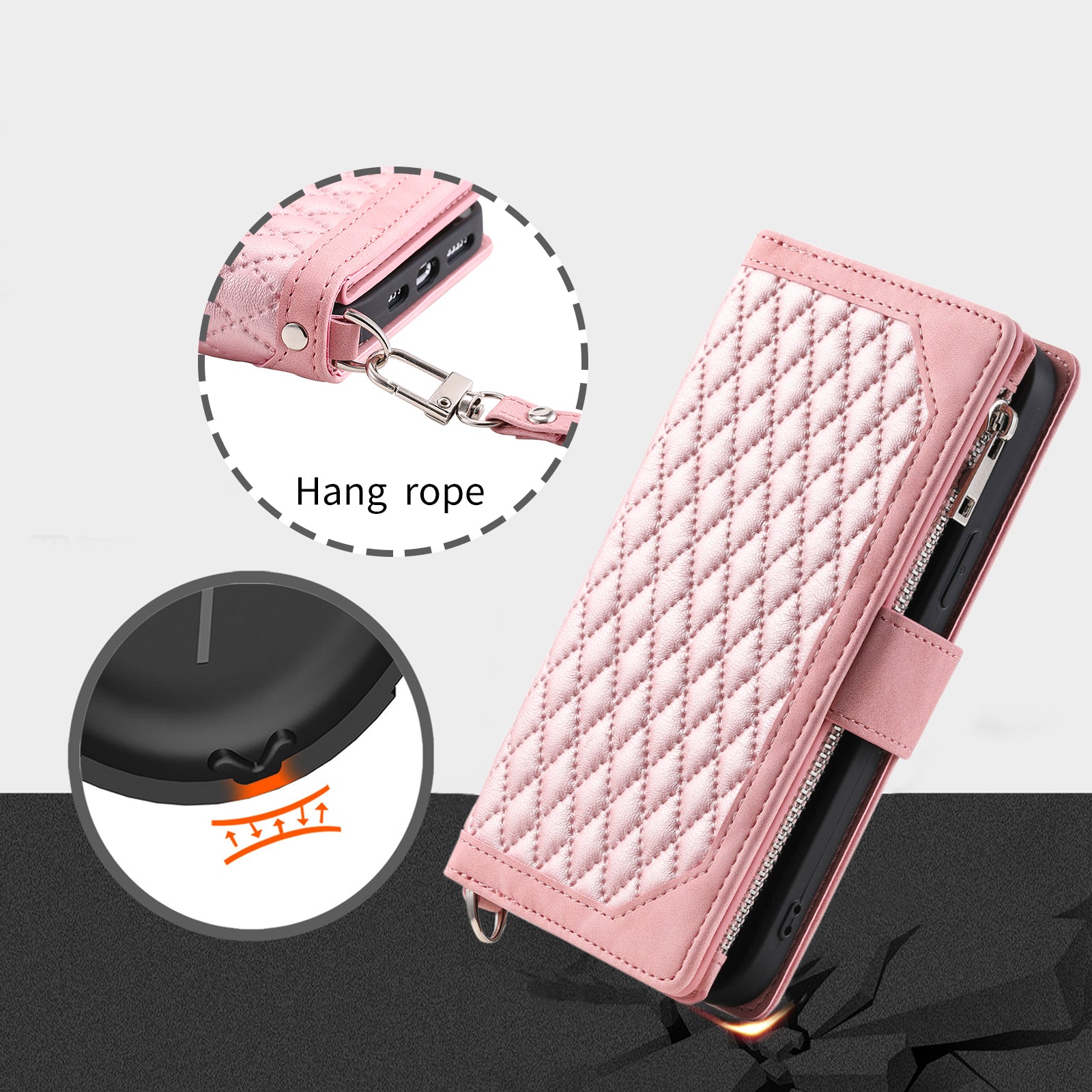 Zippered Wallet Phone Cover for iPhone 15 Pro PU Leather Flip Cover Rhombus Texture Anti-Drop Phone Case with Strap - Rose Gold