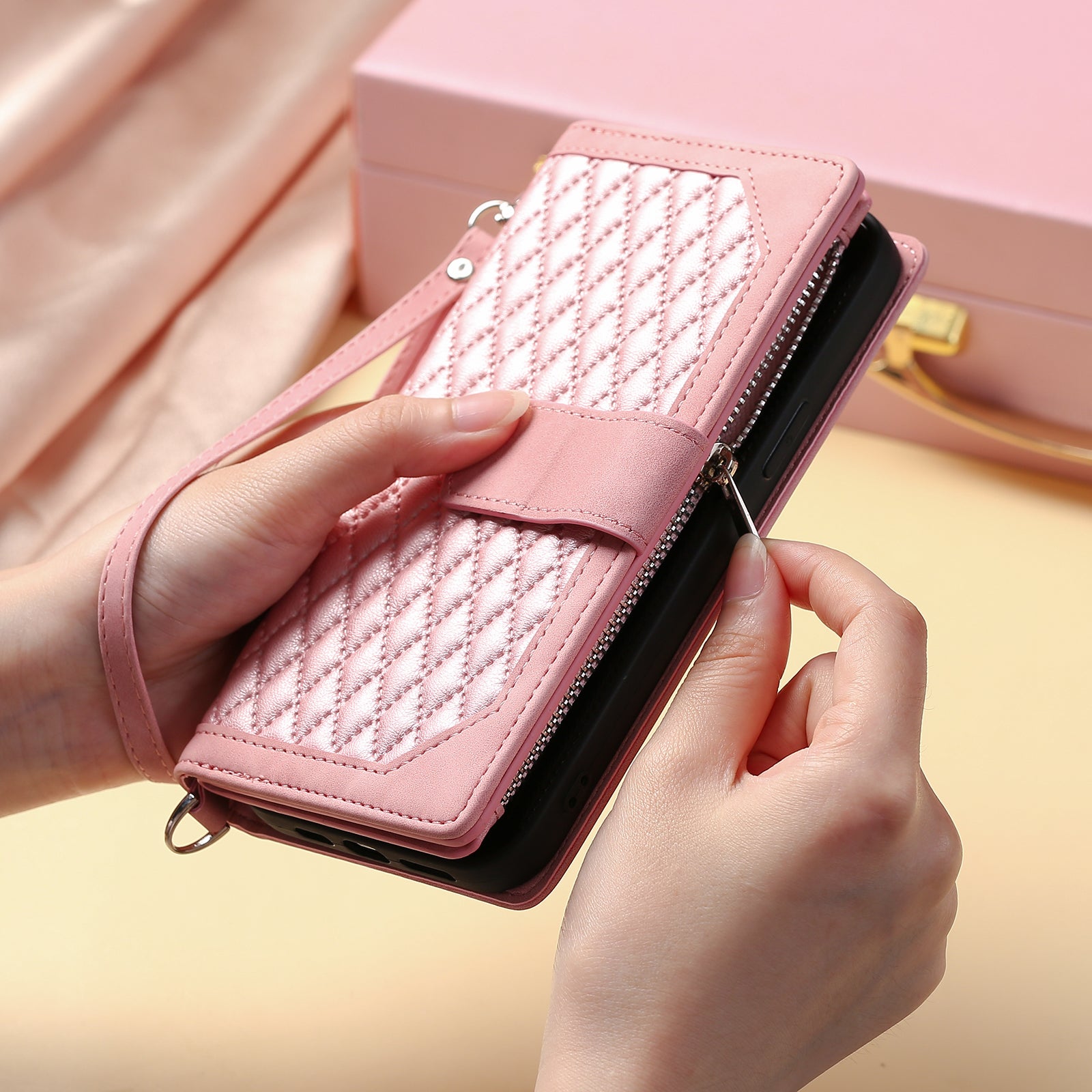Zippered Wallet Phone Cover for iPhone 15 Pro PU Leather Flip Cover Rhombus Texture Anti-Drop Phone Case with Strap - Rose Gold