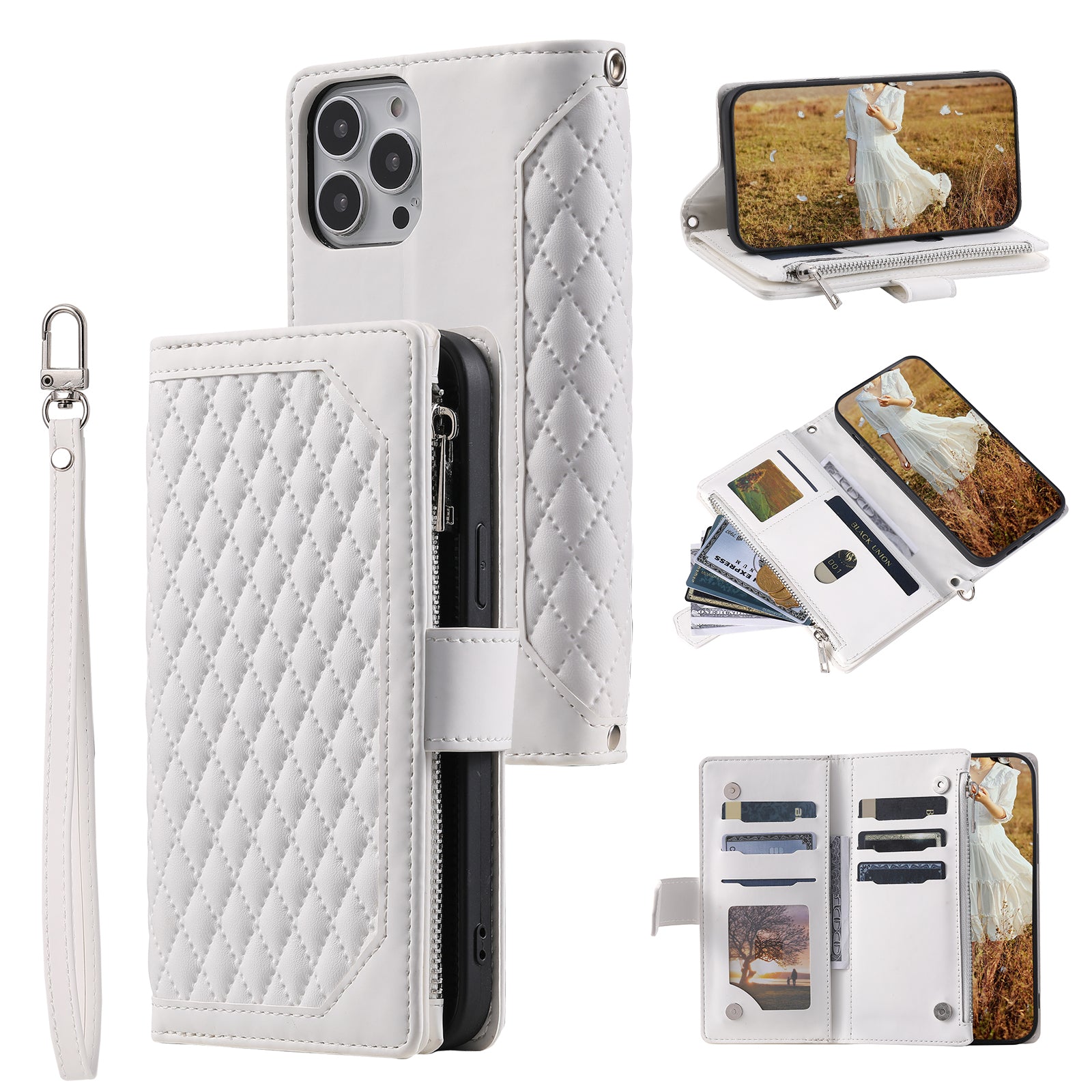 Zippered Wallet Phone Cover for iPhone 15 Pro PU Leather Flip Cover Rhombus Texture Anti-Drop Phone Case with Strap - White