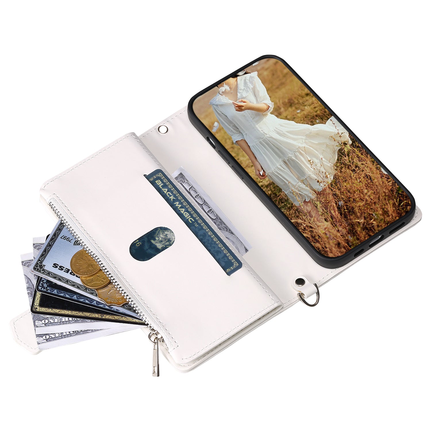 Zippered Wallet Phone Cover for iPhone 15 Pro PU Leather Flip Cover Rhombus Texture Anti-Drop Phone Case with Strap - White