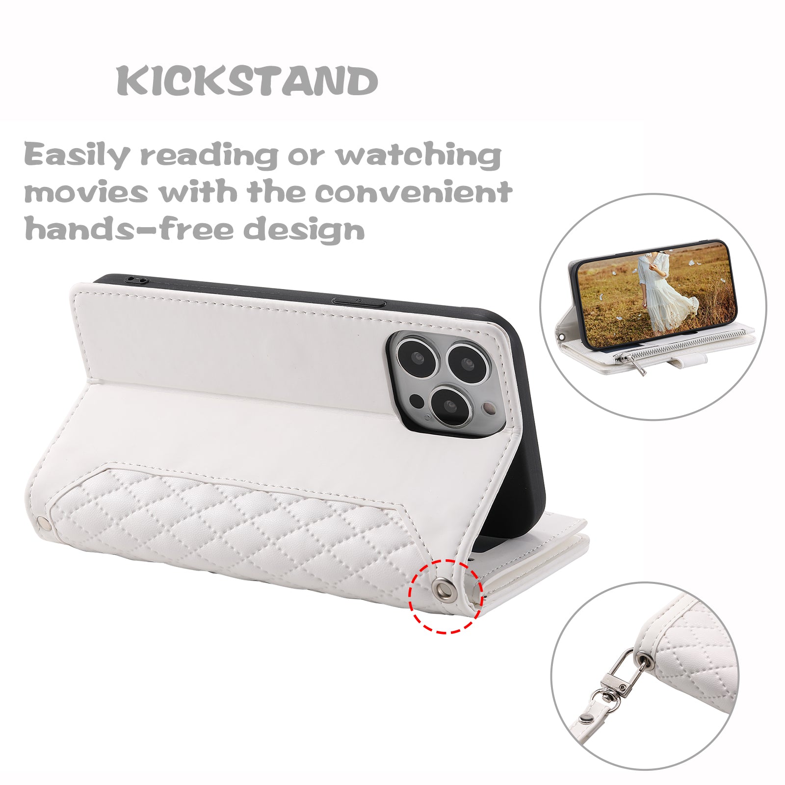 Zippered Wallet Phone Cover for iPhone 15 Pro PU Leather Flip Cover Rhombus Texture Anti-Drop Phone Case with Strap - White