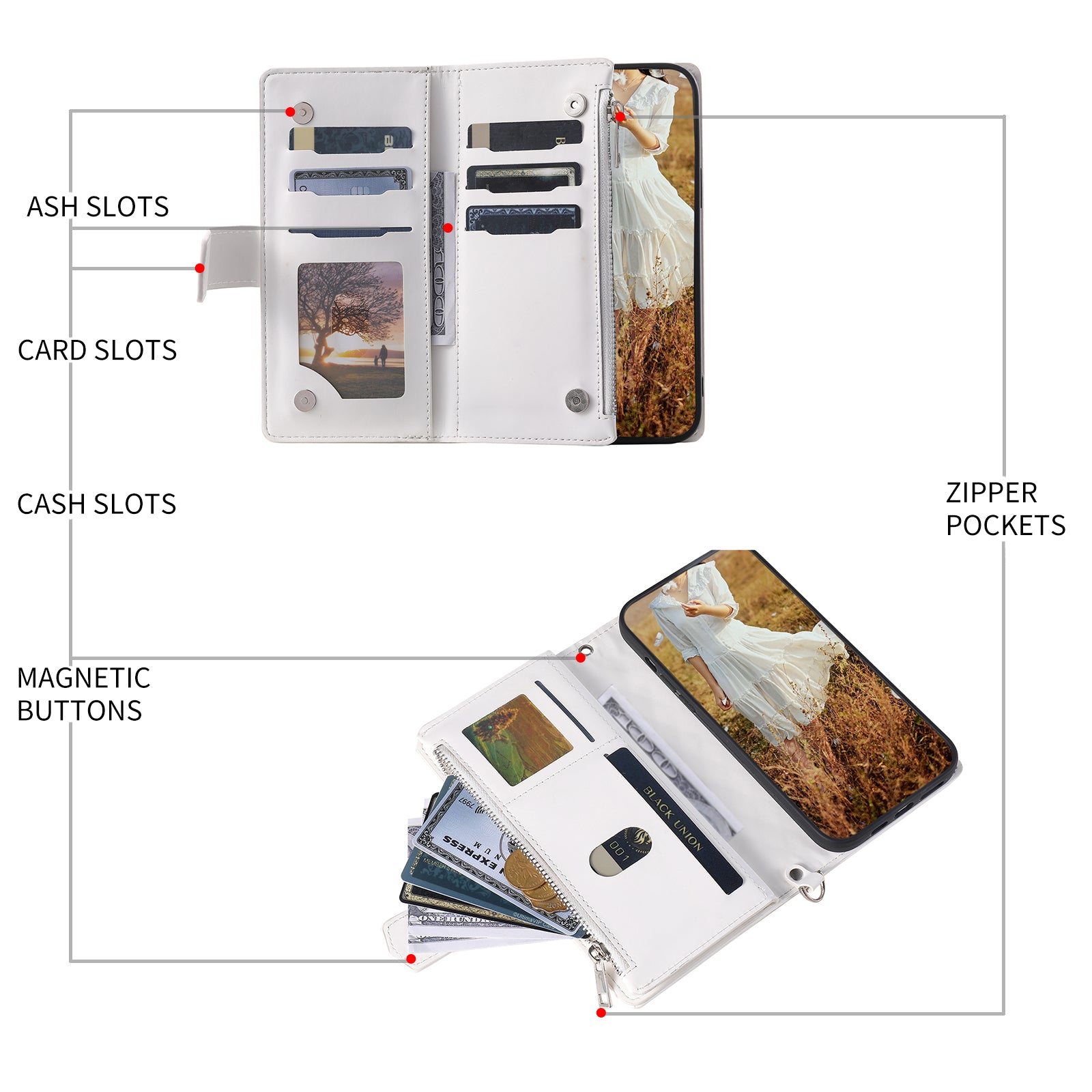 Zippered Wallet Phone Cover for iPhone 15 Pro PU Leather Flip Cover Rhombus Texture Anti-Drop Phone Case with Strap - White