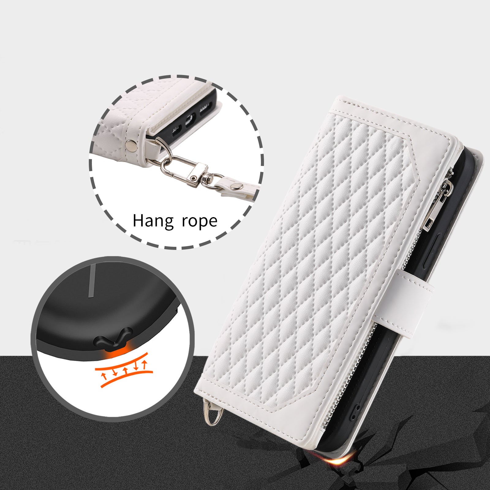 Zippered Wallet Phone Cover for iPhone 15 Pro PU Leather Flip Cover Rhombus Texture Anti-Drop Phone Case with Strap - White