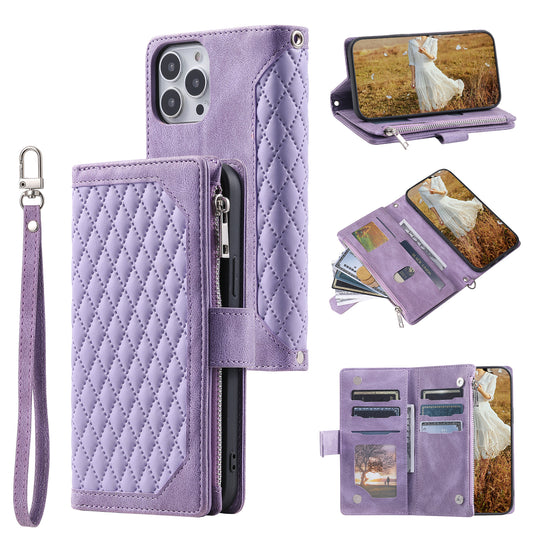 PU Leather Phone Case for iPhone 15 Ultra Rhombus Pattern Imprinted Zipper Pocket Wallet Stand Cover with Strap - Purple
