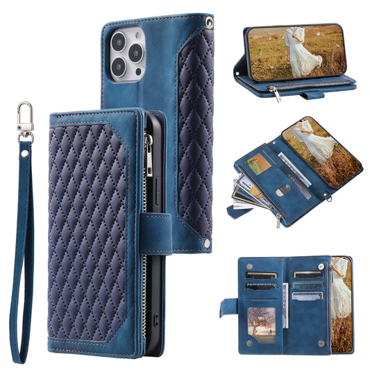 PU Leather Phone Case for iPhone 15 Ultra Rhombus Pattern Imprinted Zipper Pocket Wallet Stand Cover with Strap - Blue