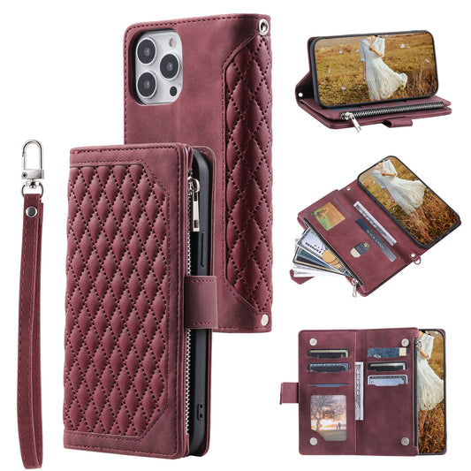 PU Leather Phone Case for iPhone 15 Ultra Rhombus Pattern Imprinted Zipper Pocket Wallet Stand Cover with Strap - Wine Red