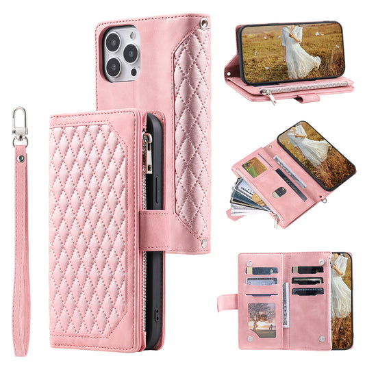 PU Leather Phone Case for iPhone 15 Ultra Rhombus Pattern Imprinted Zipper Pocket Wallet Stand Cover with Strap - Rose Gold