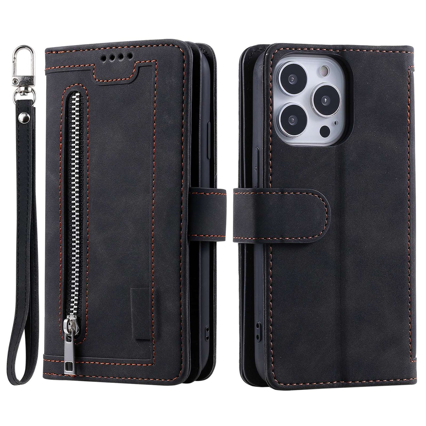 Uniqkart for iPhone 15 Ultra Anti-dust PU Leather Phone Case Zipper Pocket 9 Card Slots Protective Cover - Black