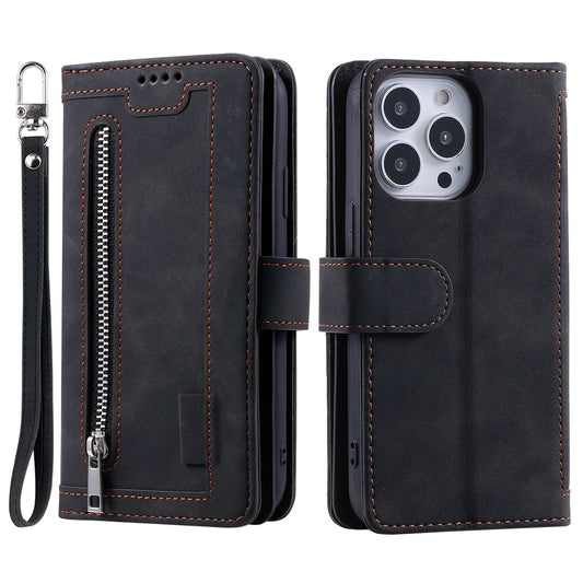 Uniqkart for iPhone 15 Ultra Anti-dust PU Leather Phone Case Zipper Pocket 9 Card Slots Protective Cover - Black