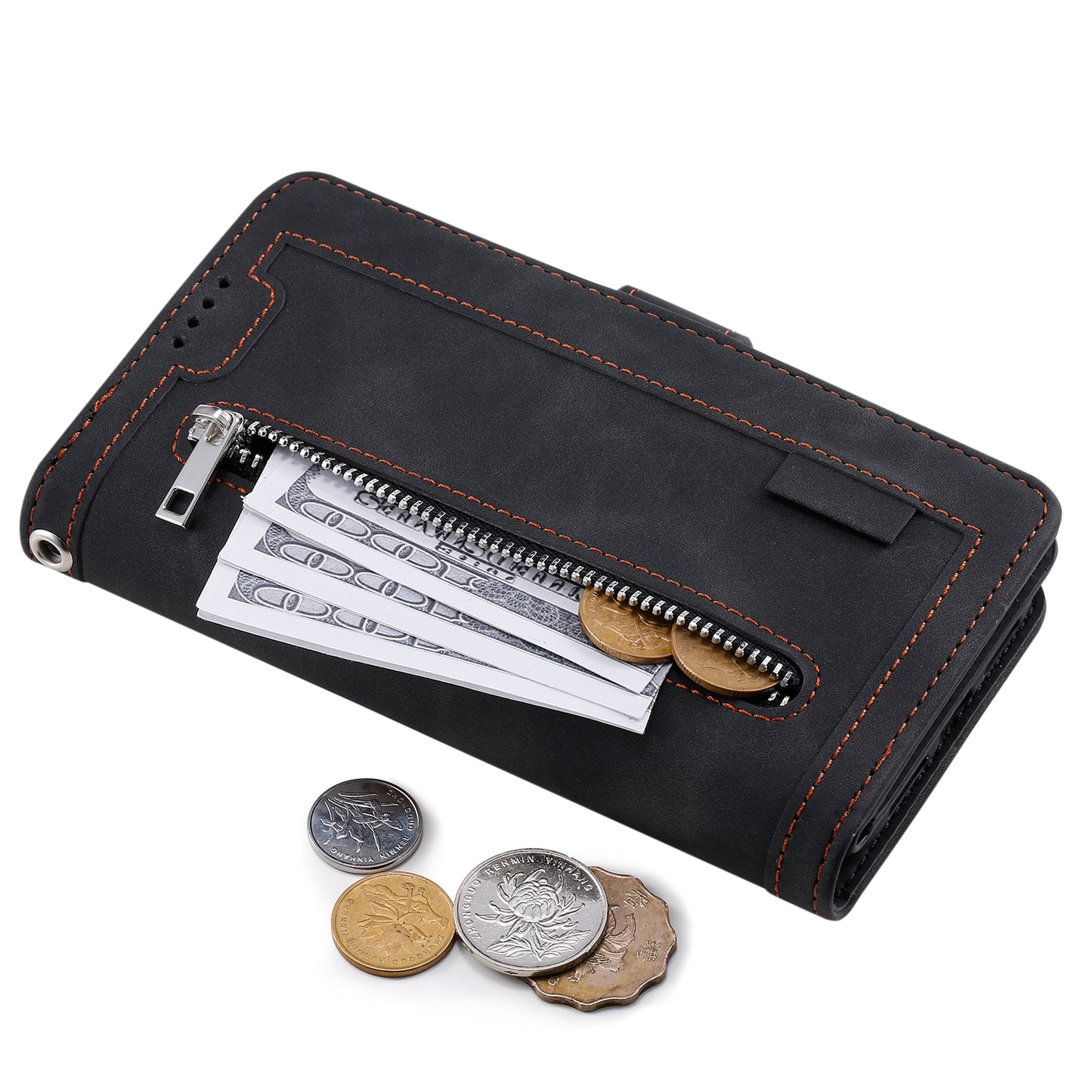 Uniqkart for iPhone 15 Ultra Anti-dust PU Leather Phone Case Zipper Pocket 9 Card Slots Protective Cover - Black