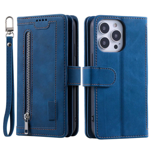 Uniqkart for iPhone 15 Ultra Anti-dust PU Leather Phone Case Zipper Pocket 9 Card Slots Protective Cover - Blue