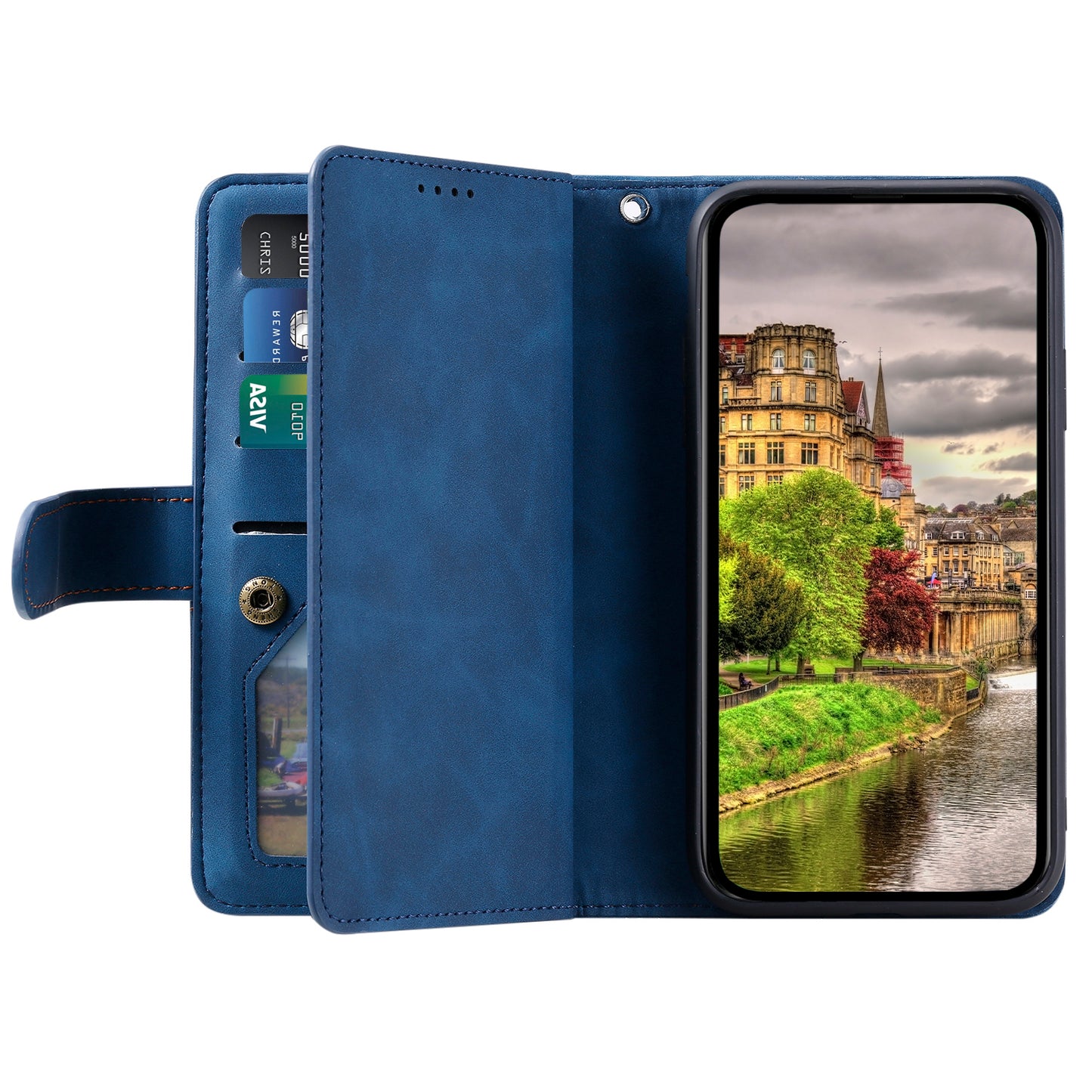 Uniqkart for iPhone 15 Ultra Anti-dust PU Leather Phone Case Zipper Pocket 9 Card Slots Protective Cover - Blue