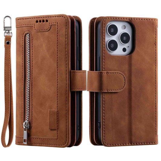Uniqkart for iPhone 15 Ultra Anti-dust PU Leather Phone Case Zipper Pocket 9 Card Slots Protective Cover - Brown