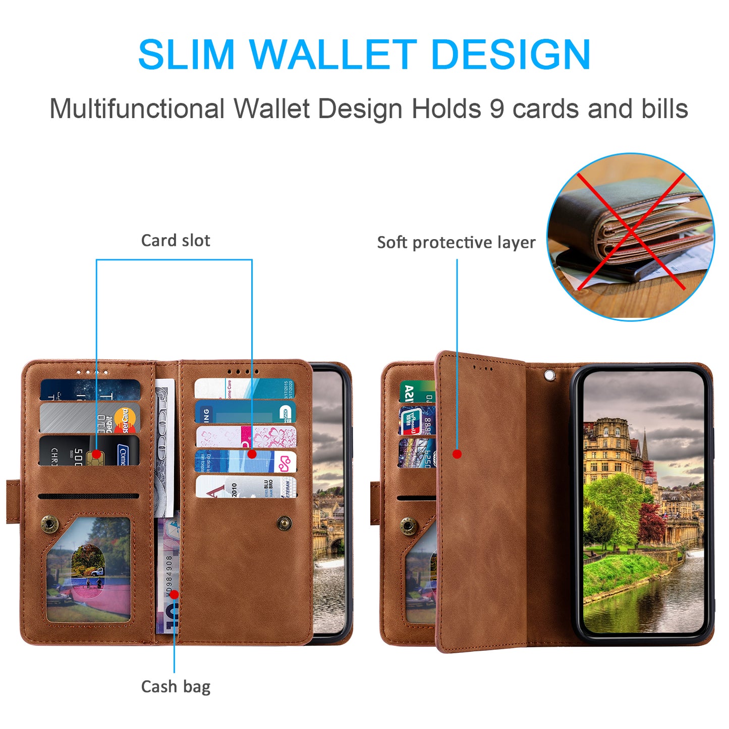 Uniqkart for iPhone 15 Ultra Anti-dust PU Leather Phone Case Zipper Pocket 9 Card Slots Protective Cover - Brown