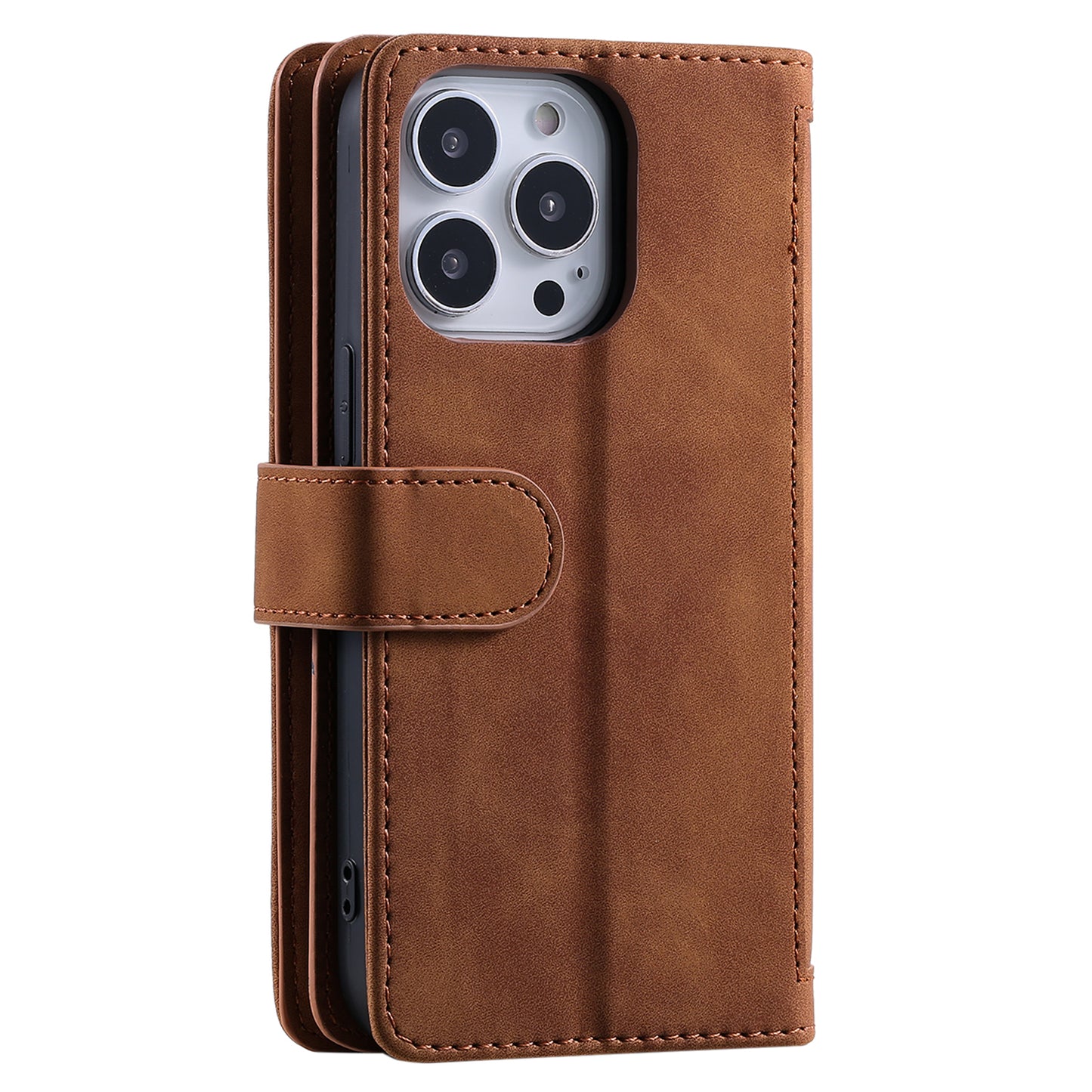 Uniqkart for iPhone 15 Ultra Anti-dust PU Leather Phone Case Zipper Pocket 9 Card Slots Protective Cover - Brown