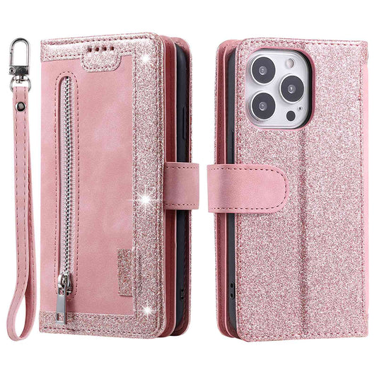 Uniqkart for iPhone 15 Ultra Anti-dust PU Leather Phone Case Zipper Pocket 9 Card Slots Protective Cover - Rose Gold