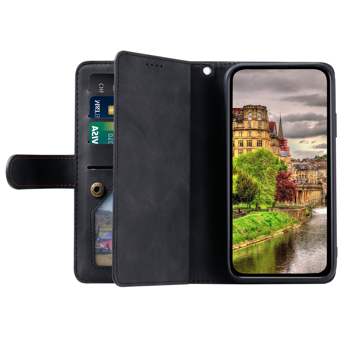 PU Leather Phone Case for iPhone 15 Protective Case Zipper Pocket 9 Card Slots Phone Cover with Strap - Black