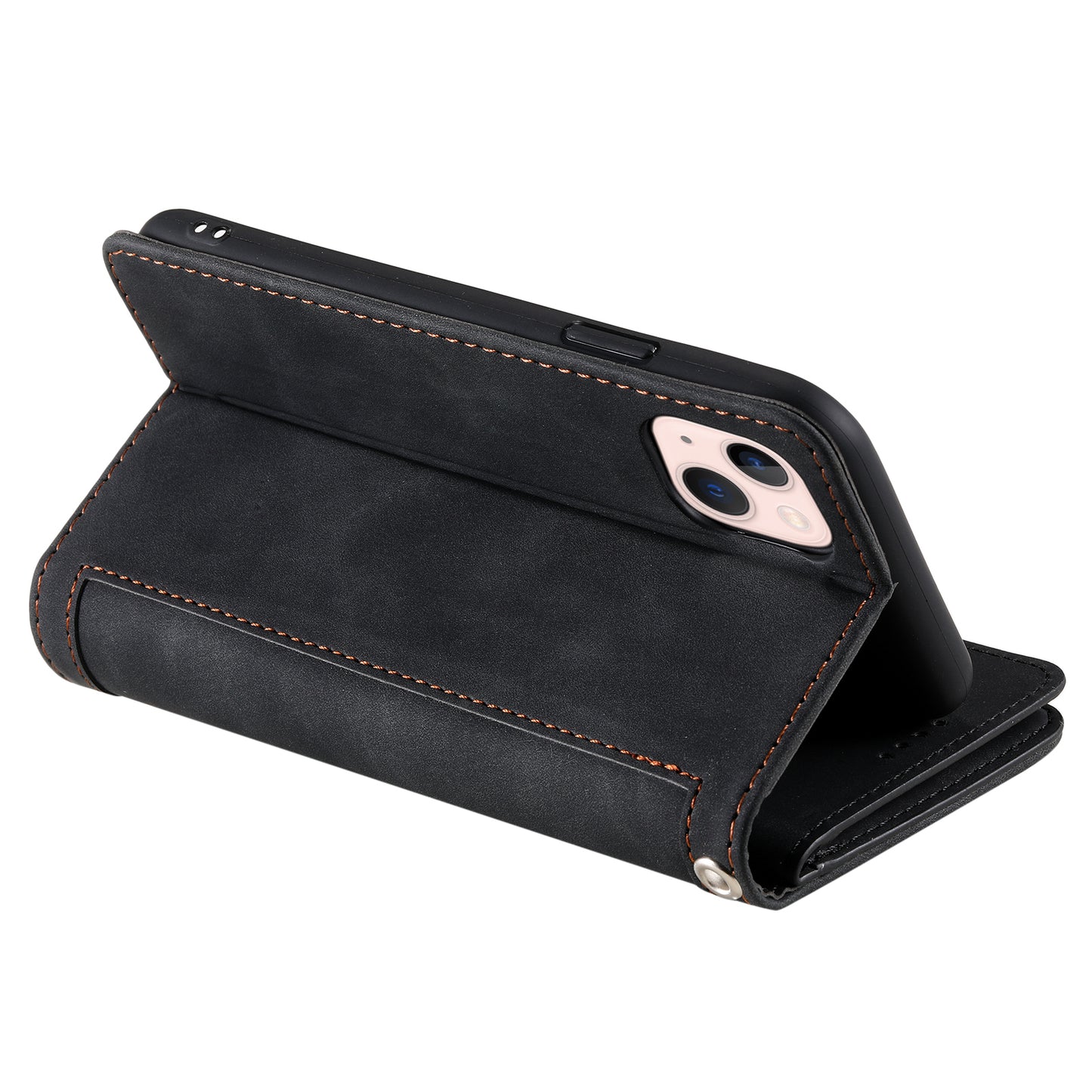 PU Leather Phone Case for iPhone 15 Protective Case Zipper Pocket 9 Card Slots Phone Cover with Strap - Black