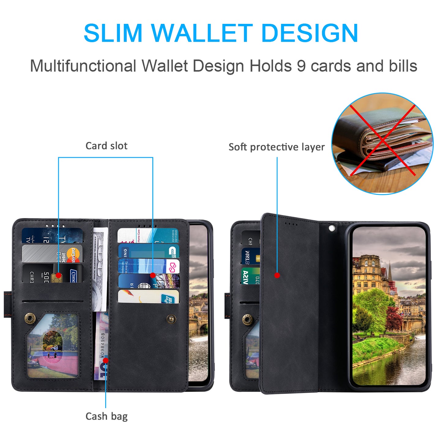 PU Leather Phone Case for iPhone 15 Protective Case Zipper Pocket 9 Card Slots Phone Cover with Strap - Black