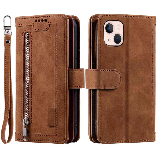 PU Leather Phone Case for iPhone 15 Protective Case Zipper Pocket 9 Card Slots Phone Cover with Strap - Brown