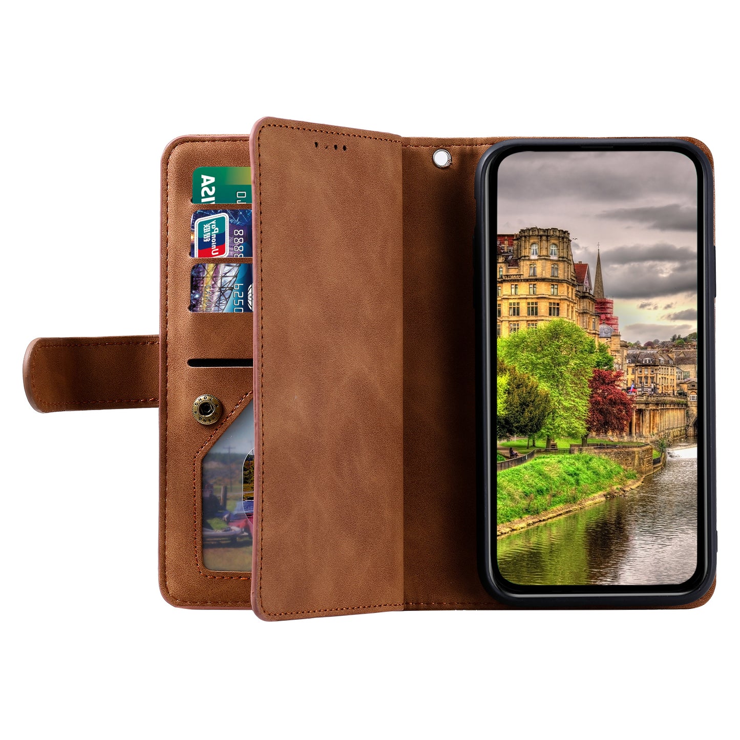 PU Leather Phone Case for iPhone 15 Protective Case Zipper Pocket 9 Card Slots Phone Cover with Strap - Brown