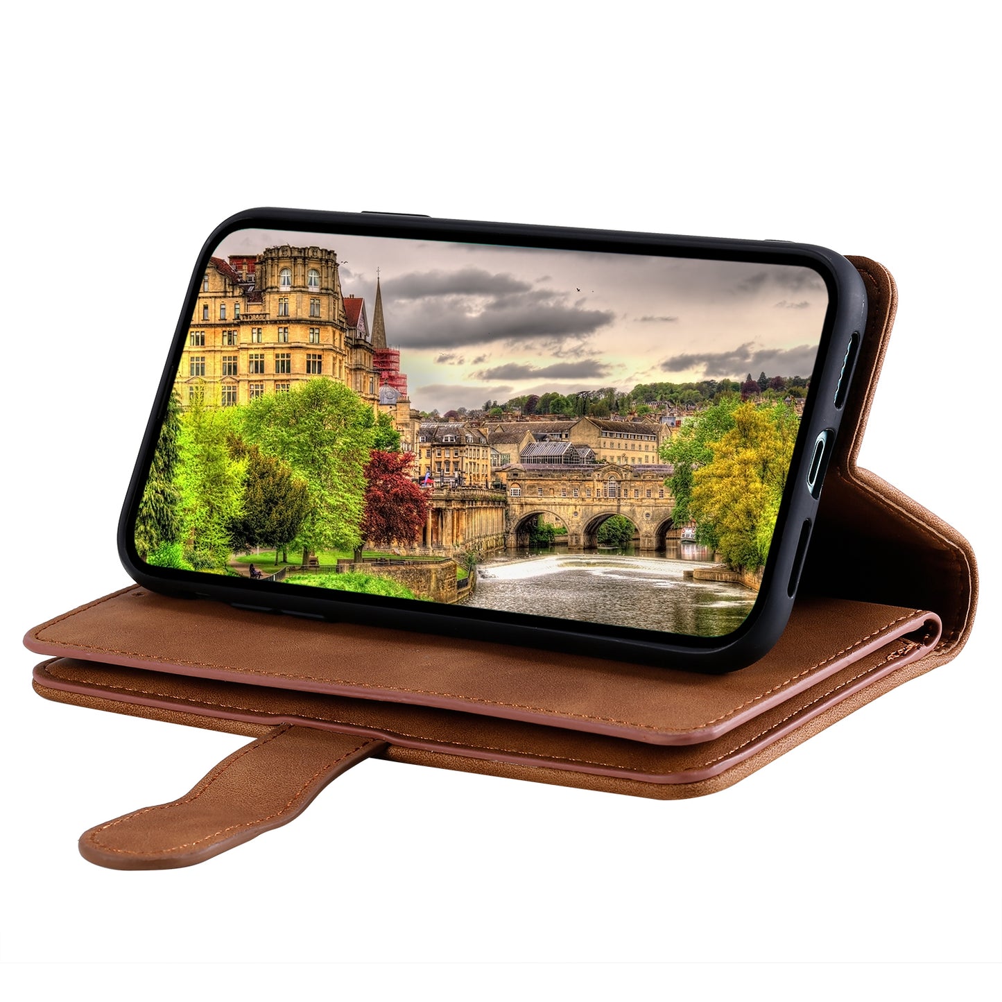 PU Leather Phone Case for iPhone 15 Protective Case Zipper Pocket 9 Card Slots Phone Cover with Strap - Brown