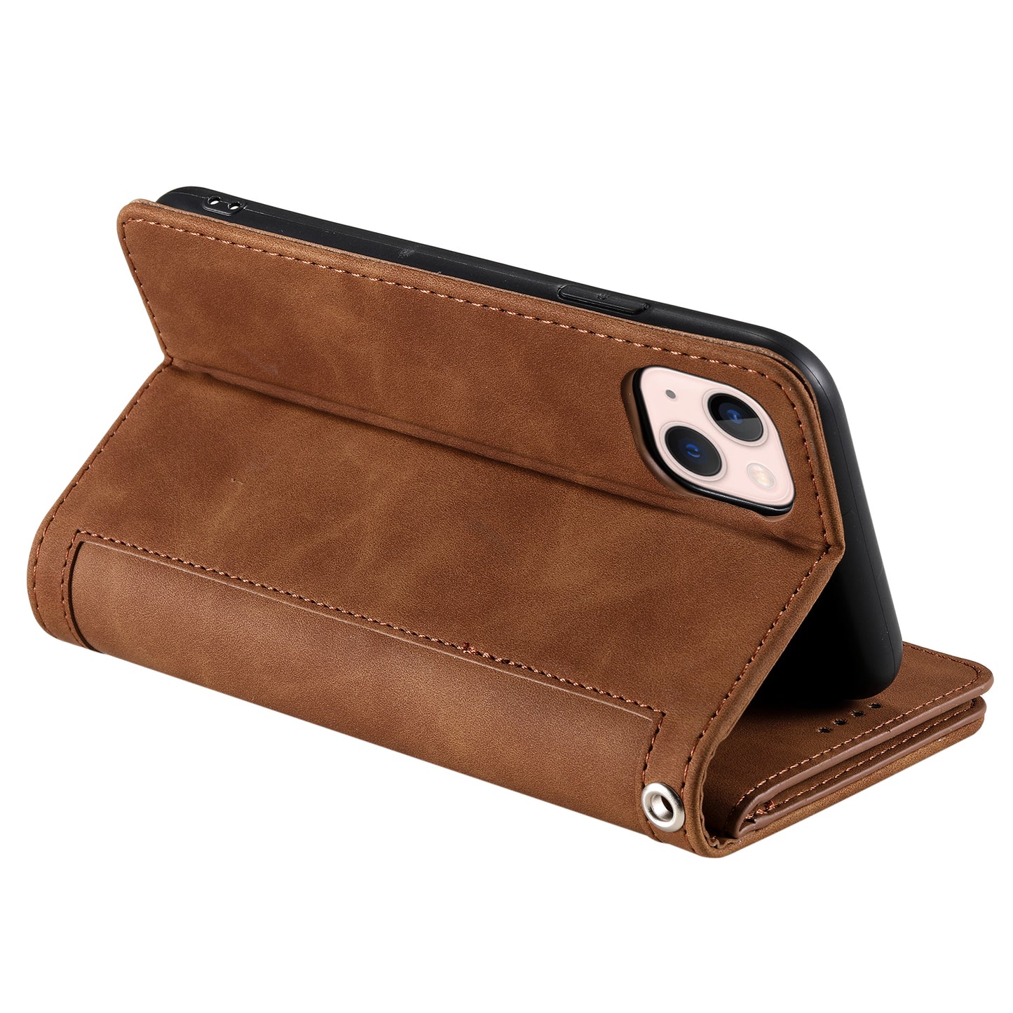 PU Leather Phone Case for iPhone 15 Protective Case Zipper Pocket 9 Card Slots Phone Cover with Strap - Brown