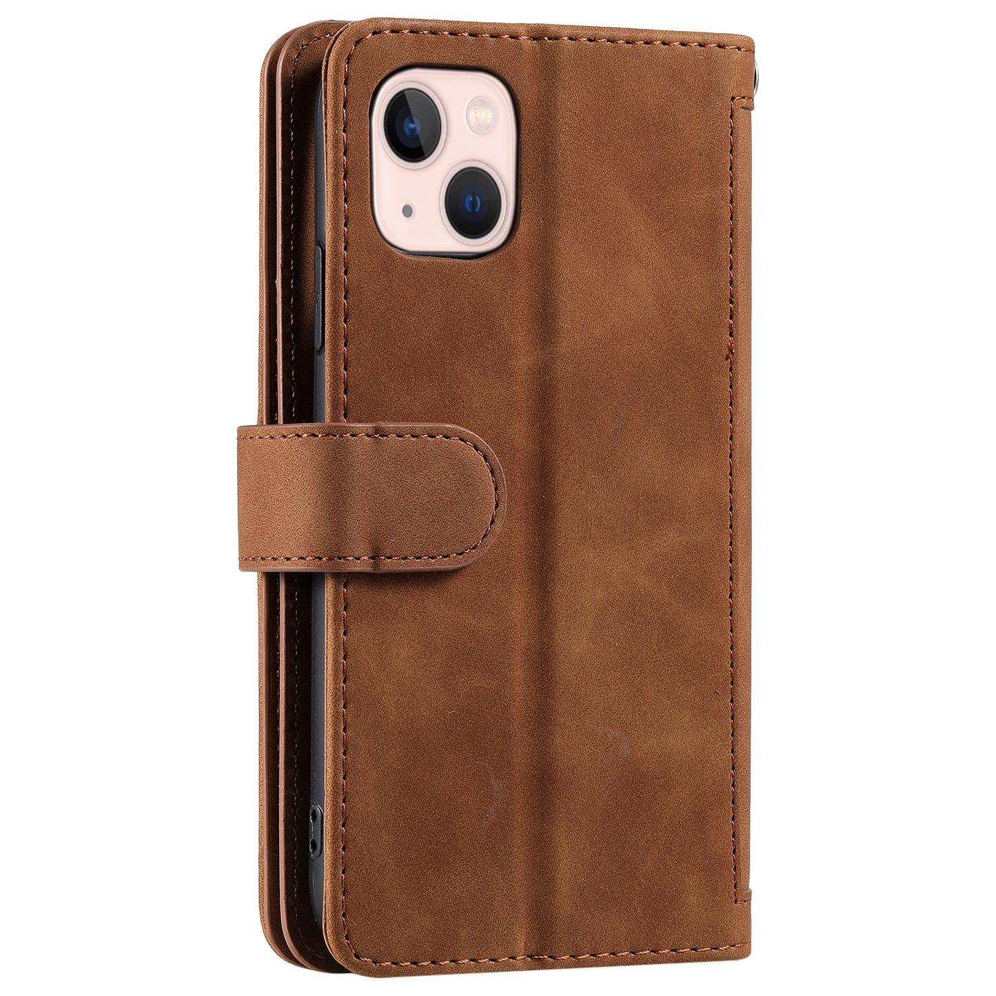 PU Leather Phone Case for iPhone 15 Protective Case Zipper Pocket 9 Card Slots Phone Cover with Strap - Brown