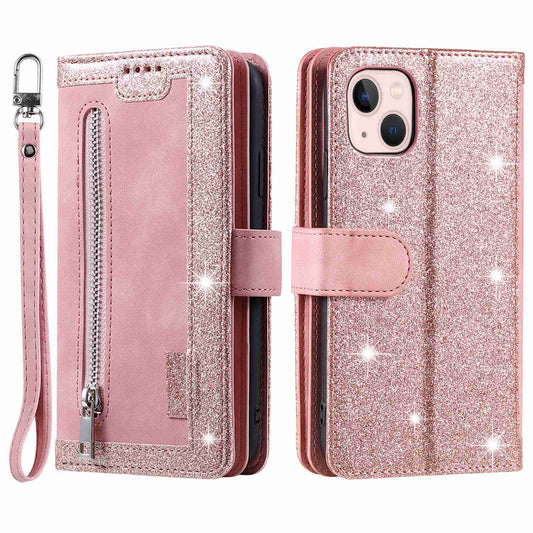 PU Leather Phone Case for iPhone 15 Protective Case Zipper Pocket 9 Card Slots Phone Cover with Strap - Rose Gold