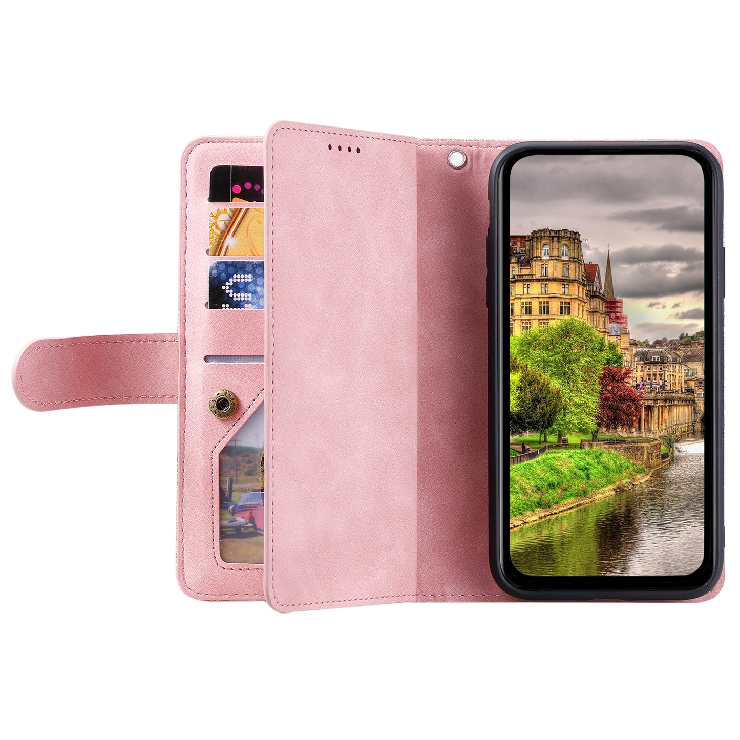 PU Leather Phone Case for iPhone 15 Protective Case Zipper Pocket 9 Card Slots Phone Cover with Strap - Rose Gold